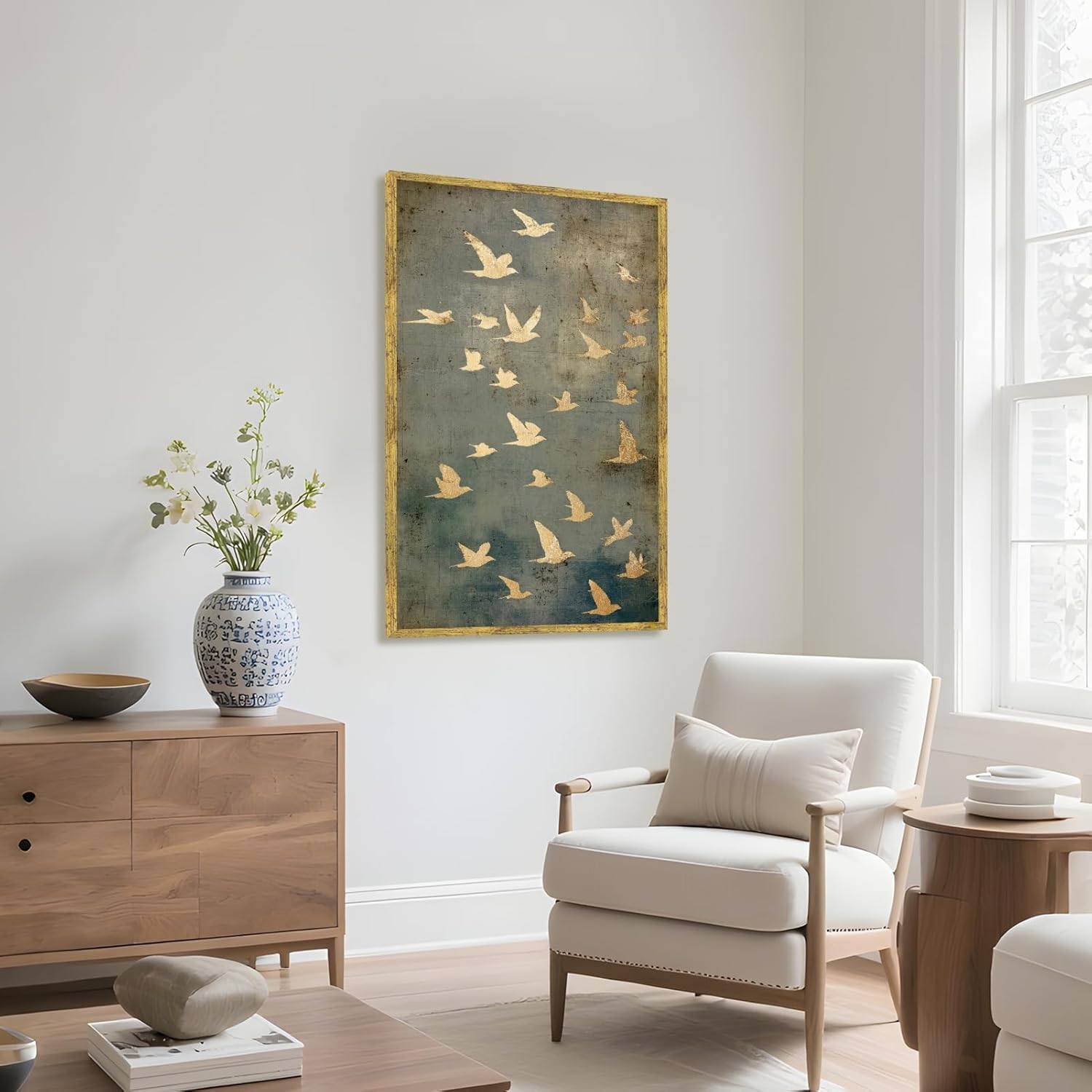 Large Gold Framed Flock of Flying Birds Canvas Wall Art Modern Japandi Minimalist Spiritual Home Decor Vintage Teal Bird Poster Painting Prints Retro Abstract Animal Pictures Artwork 24x36inch
