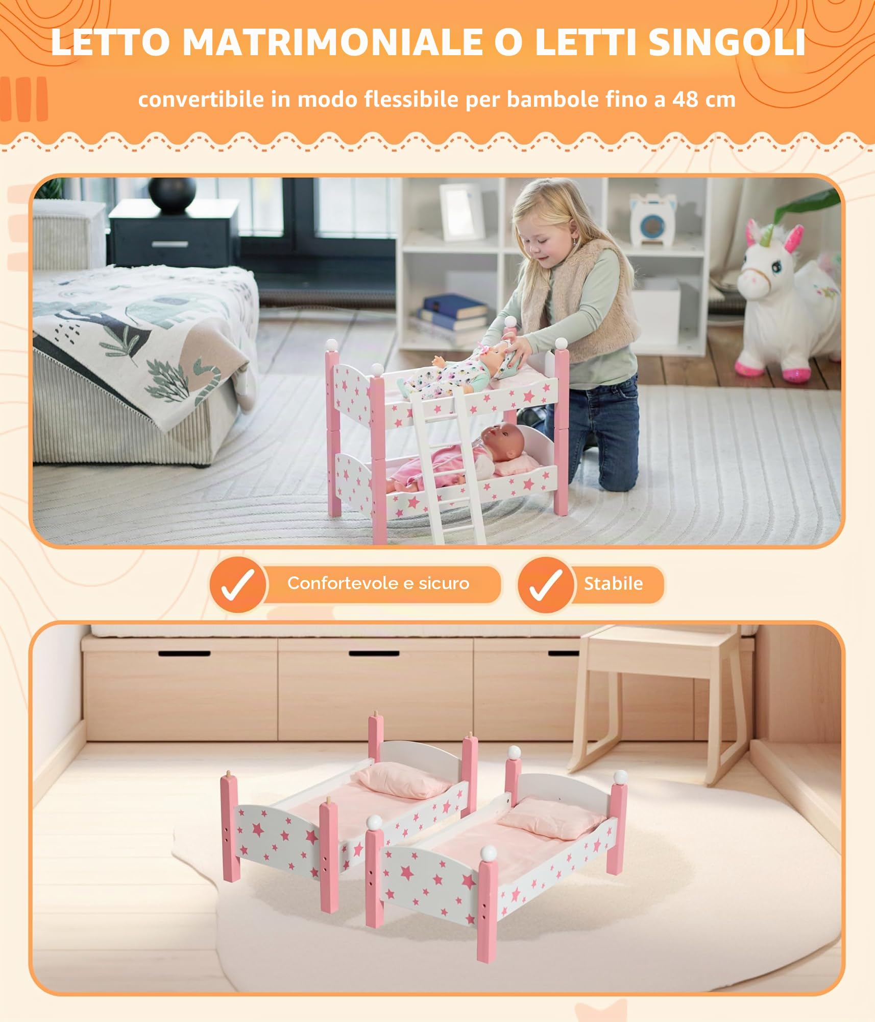 Bayer Chic 2000 - Letto a Castello per Bambole Fino a 48 cm, per Bambole, mobili per Bambole, Stelle Rosa, Piccolo