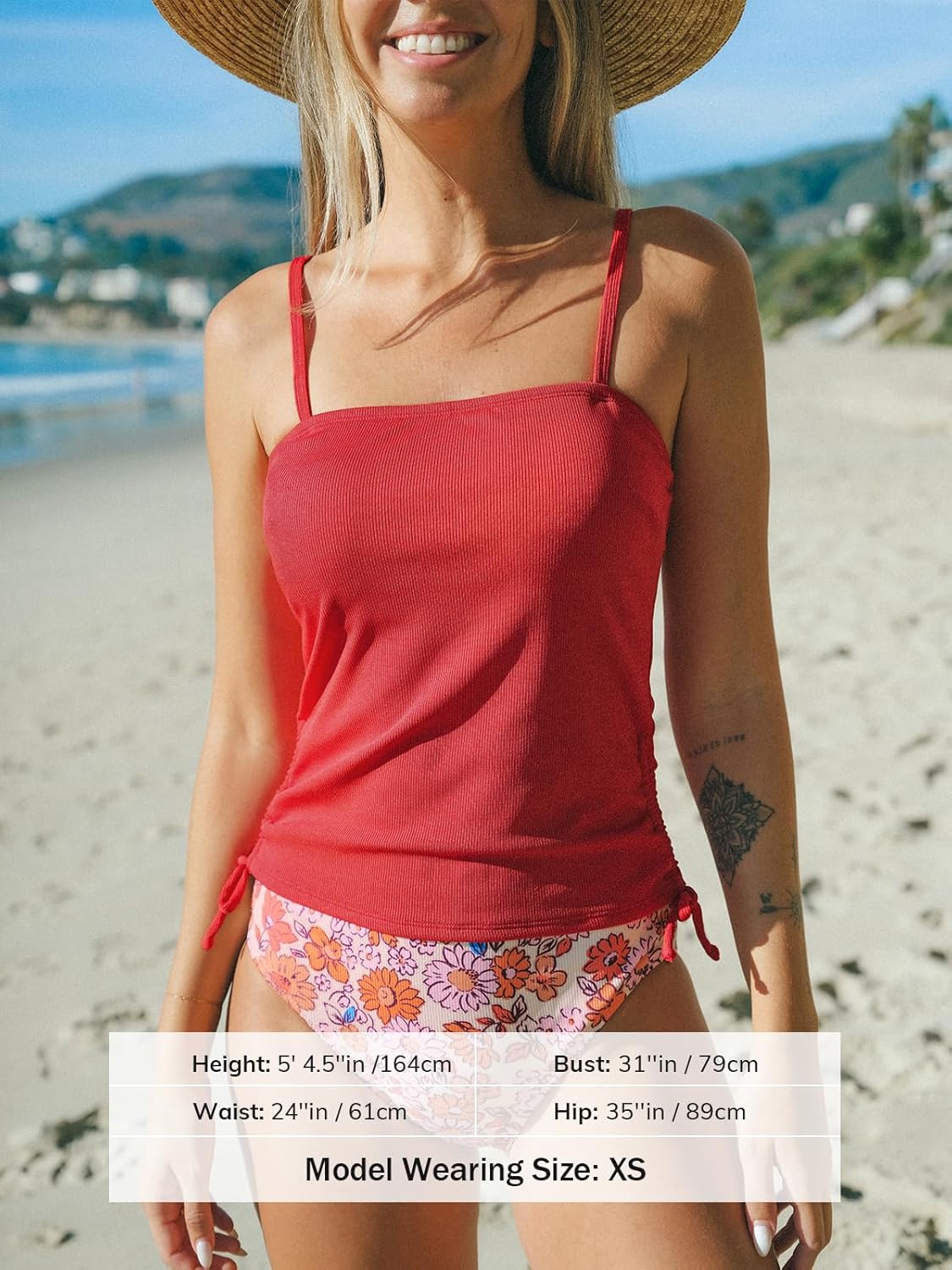 CUPSHE Women's Tankini Set Two Piece Swimsuit Ruched Drawstring Bathing Suits with High Waisted Bottom Rib - Image 5