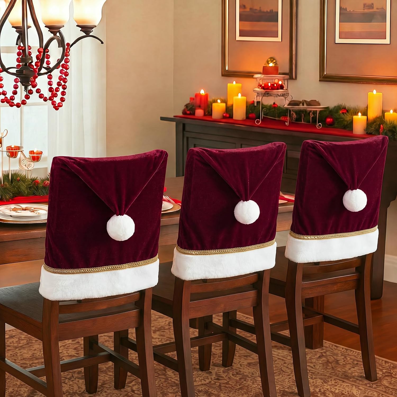 Boao 6 Pcs Burgundy Red Christmas Chair Covers Santa Claus Hat Chair Covers