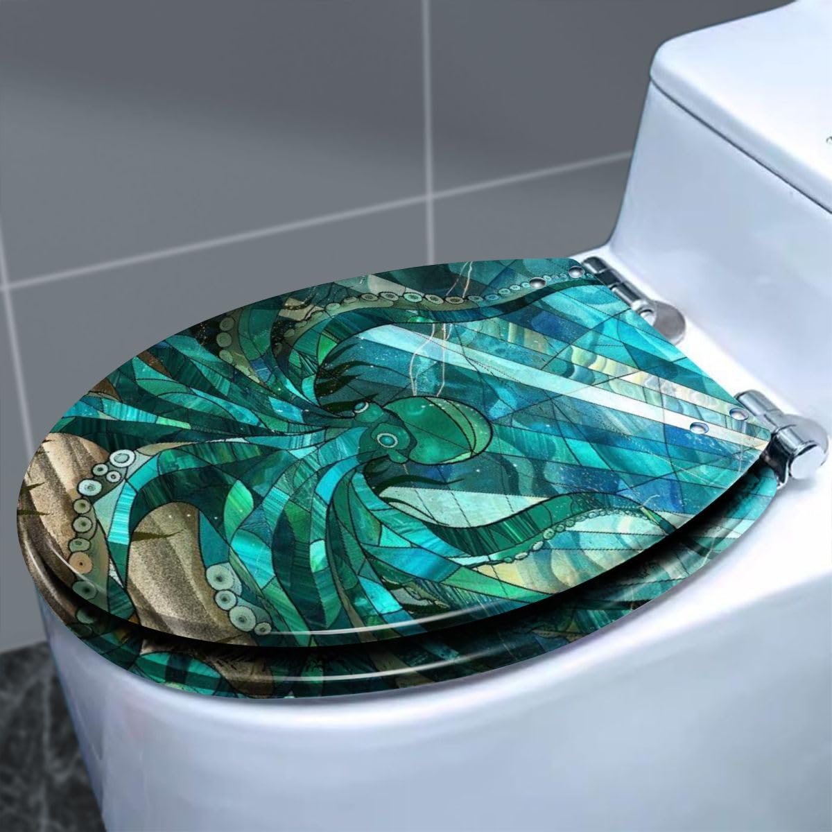 DERUINVAIO Colored Toilet Seat with Slow Close, Teal Octopus Garden Stained Glass Illusion Art Resin Toilet Seats, Easy to Install, Easy to Clean Heavy Duty Deluxe Toilet Seat, pattern10