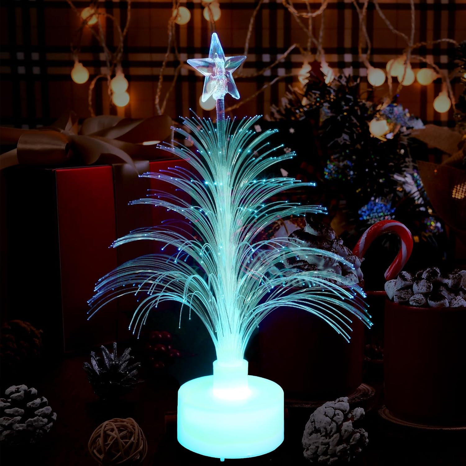 MAGICLULU Mini Christmas Tree USB Power Colour Desk Glowing Fiber Optic Mini Christmas Tree 7 Colors Changing Led Changing Xmas Lamp with Star Top for Party Tabletop