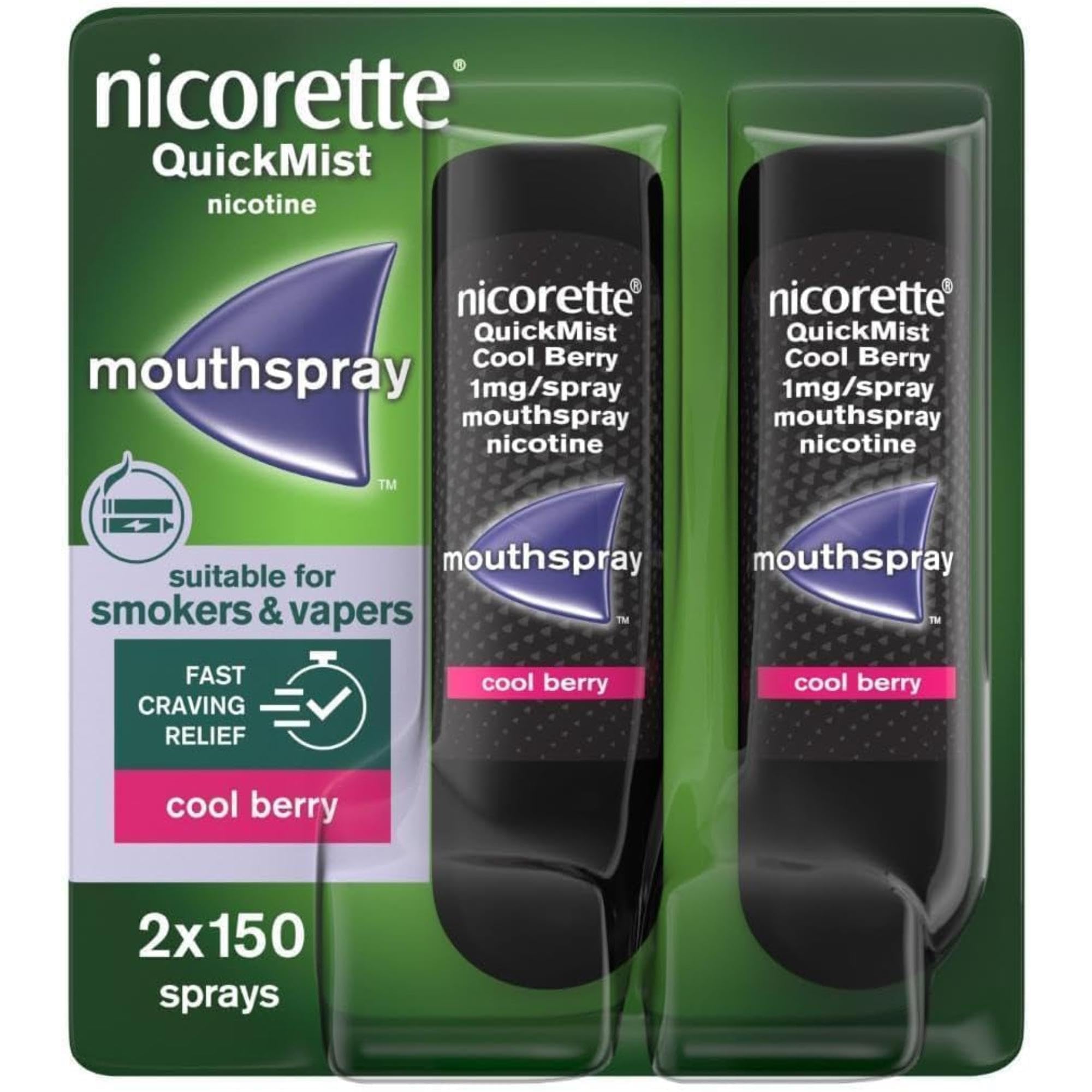 Nicorette QuickMist Mouthspray, Cool Berry (2 x 150 Sprays) Smoking or Vaping Cessation Aid, designed to start reducing cravings in 30 seconds (Quit Smoking or Quit Vaping Aid)