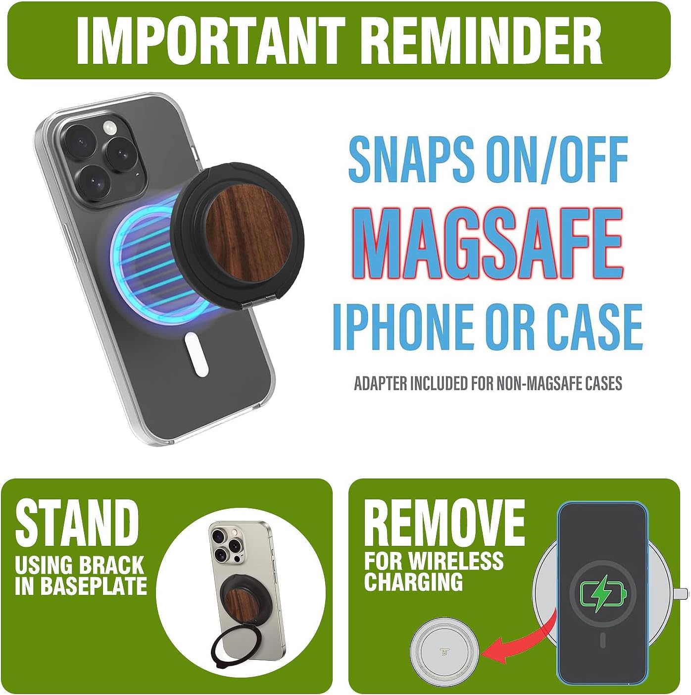 Cell Phone Grip for with Kickstand, Secure Hold for iPhone Cases, Adjustable Foldable Desktop Phone Holder Cradle Dock Compatible (Walnut Wood)