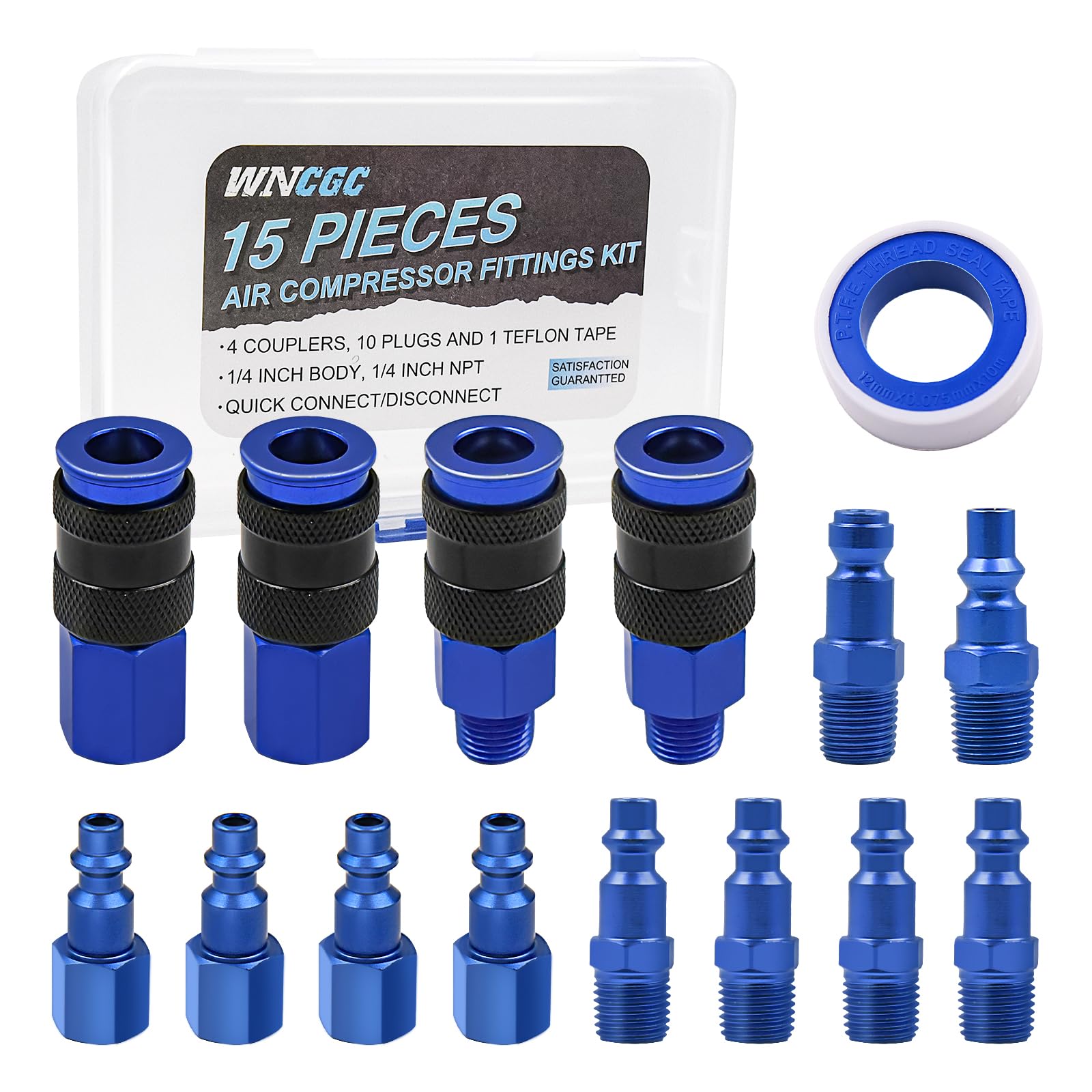 WNCGC 15 Pieces Air Compressor Hose Fitting Kit, 1/4" Universal Air Coupler and Industrial Air Plug Kit Quick Connect Air Fittings with Storage Case (