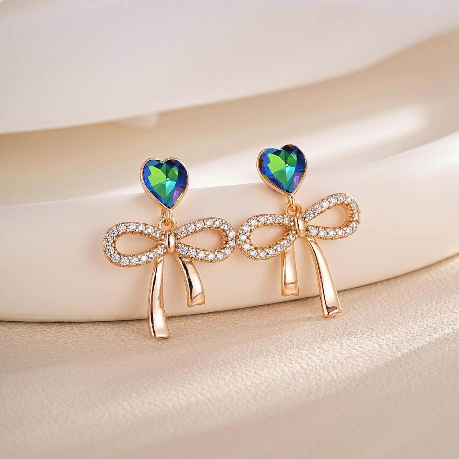 Austrian Crystal Heart Ribbon Bow Dangle Drop Earrings for Women 14K Gold Plated Hypoallergenic Jewelry - Image 5