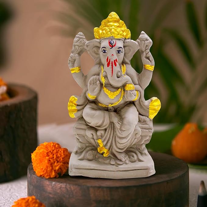 TIED RIBBONS Eco Friendly Ganesha Idol (17.7cm x 8.8cm) - for Ganpati Visarjan Water Soluble Mitti Clay Murti Statue Handcrafted - Ganesh Chaturthi Decoration Items for Home Pooja Room Gifting Item