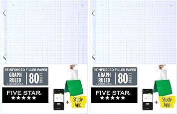 Five Star Loose Leaf Paper + Study App, Graph Ruled Filler Notebook Paper, Reinforced, Fights Ink Bleed, 8-1/2" x 11", 80 Sheets 170122 Pack of 2