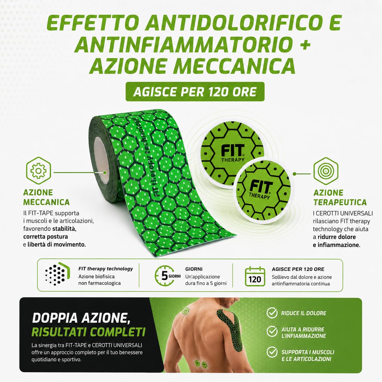 Kit Sport e Recupero Muscolare, Kinesio Tape 5 m e Cerotti Universali, Per Contratture, Dolori Muscolari e Articolari, Senza Farmaci, Non Scalda, Impermeabile