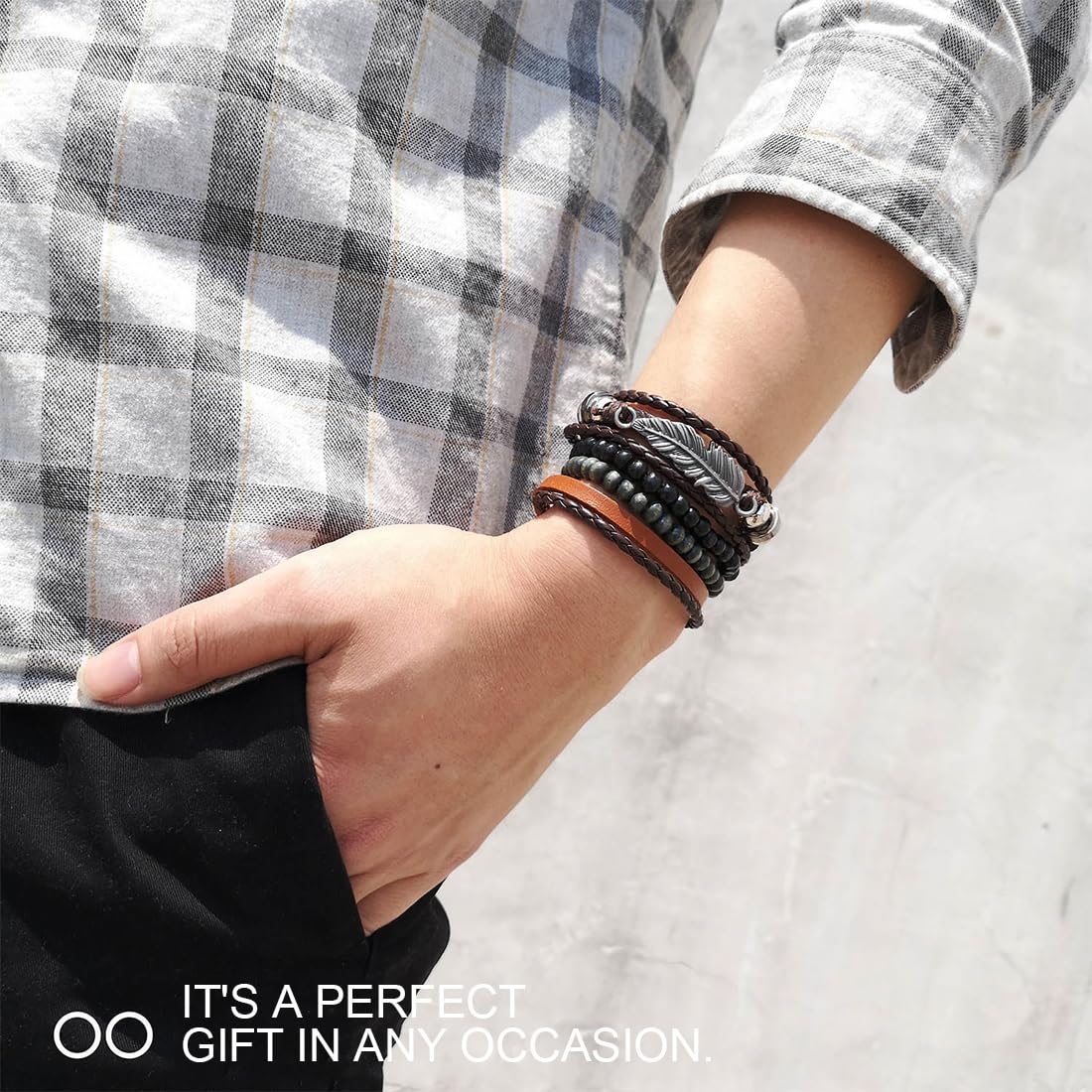 CASDAN Bracciale Intrecciato In Pelle E Perline Di Legno Per Uomo E Donna - Regolabile, Stile Tribale, 8.5 Pollici