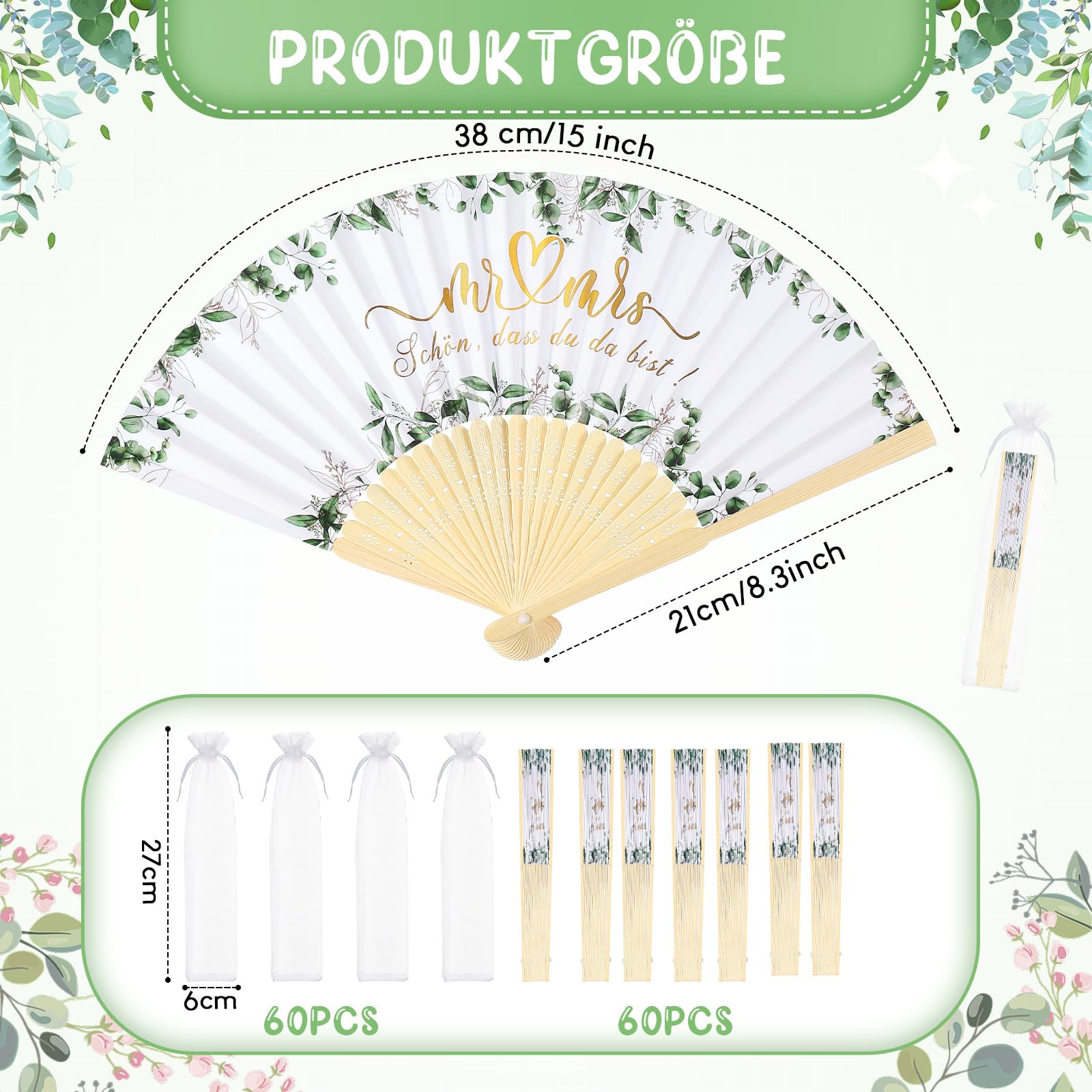 Namalu 60 Piezas Abanico con Patrón de Eucalipto Favores de Boda Abanicos de Papel Blanco con Bolsa de Organza Abanicos Plegables de Bambú para Invitados a la Boda Verano Cumpleaños Fiesta