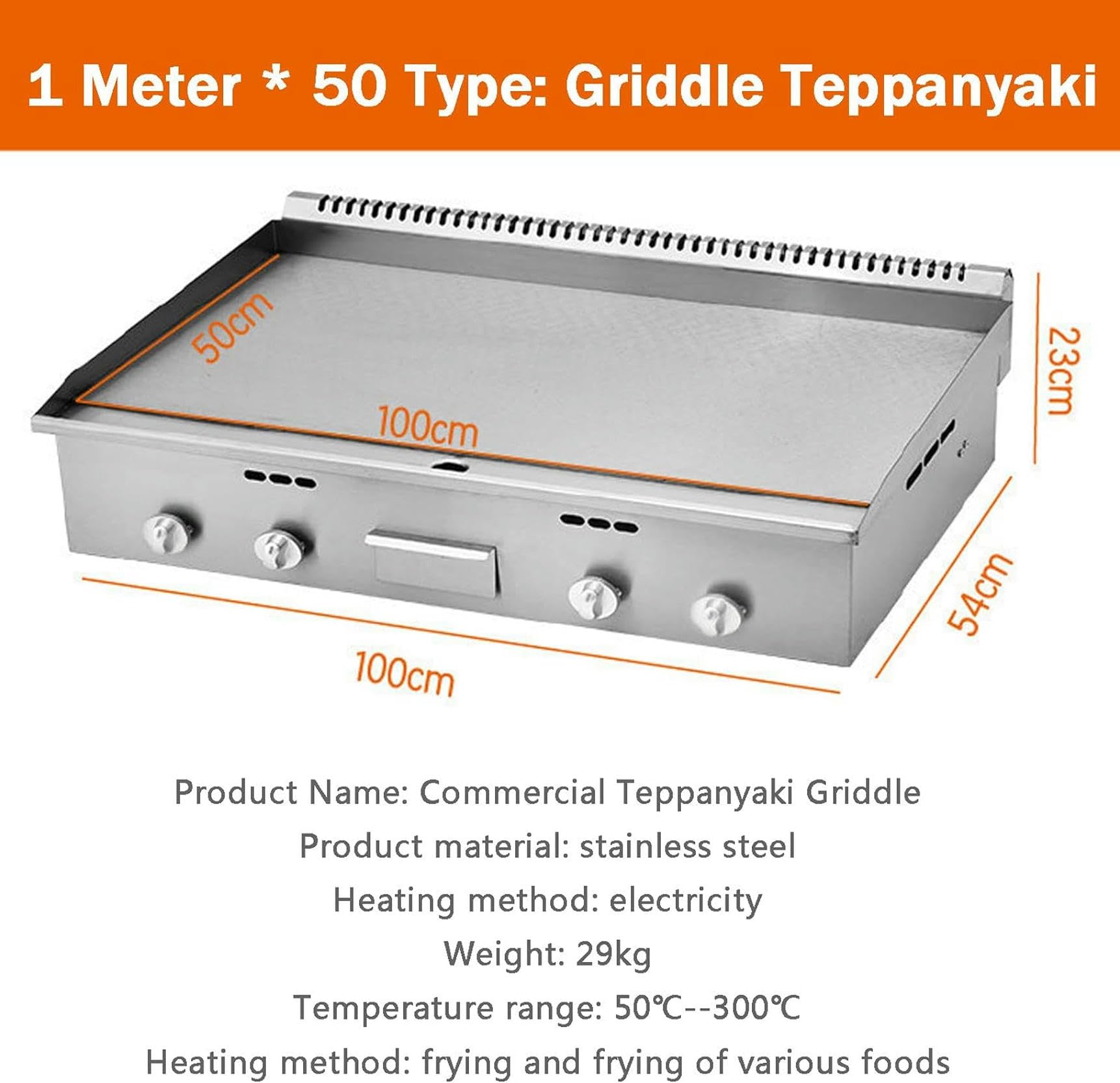 Piastra Elettrica da 220V, Temperature 50-300℃, Professionale, in Acciaio Inox con Vassoio Anti-Schizzo, Piastra Cottura Commerciale 73x40 cm Griglia Barbecue Elettric per Ristorante Mensa,1mx50cm-1pc