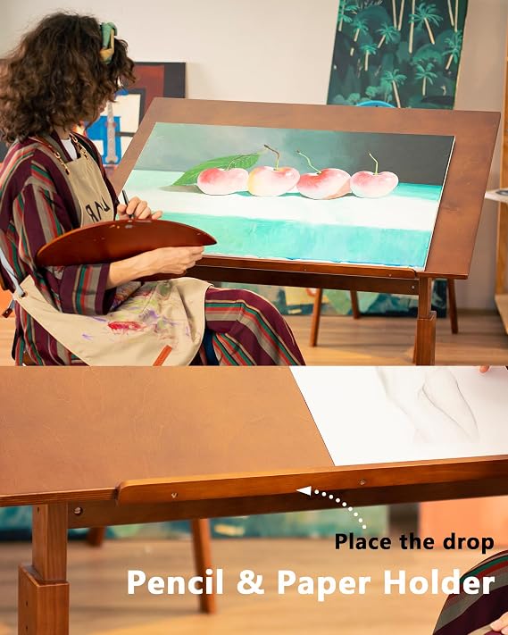 DJAR Wooden Drawing Table 106 x 76 cm Height and Tilt Adjustable Large work surface studio painting table for artists craft table for writing reading and working in the studio or at home