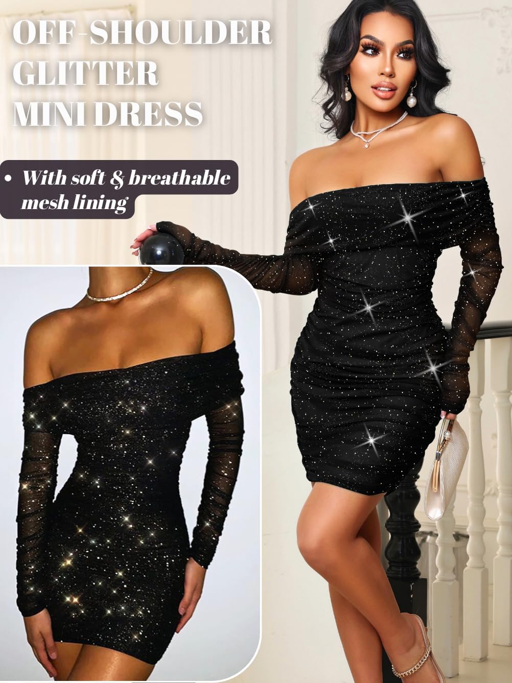 Kaei&Shi Sparkly Off Shoulder Dress,Mesh Long Sleeve Ruched Bodycon Corset Dresses Women,Sexy Birthday Outfit Club Going Out - Image 2