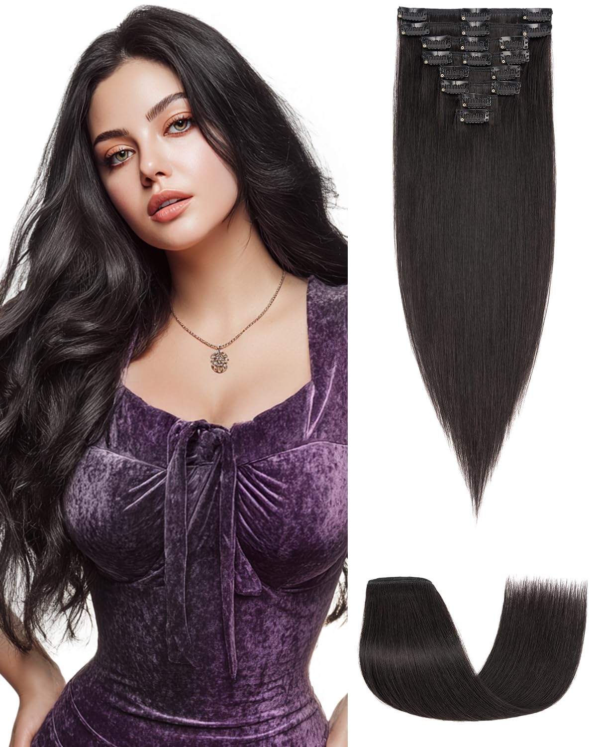 SLEEKALON Clip in Hair Extensions Real Human Hair Remy #1B Natural Black - 16 Inch 65 Gram 8 Pcs Invisible Full Head Weft Straight