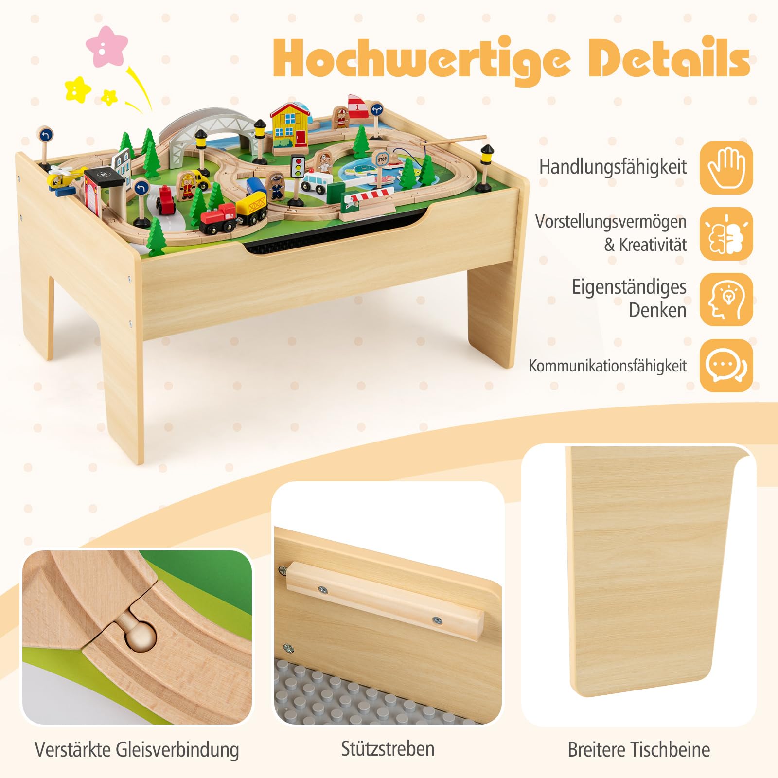 COSTWAY 78-teiliges Kinder Eisenbahn Set, 5-in-1 Holzeisenbahntisch mit umkehrbarer Tischplatte & Tafel, Spieltisch für Kinder ab 3 Jahre
