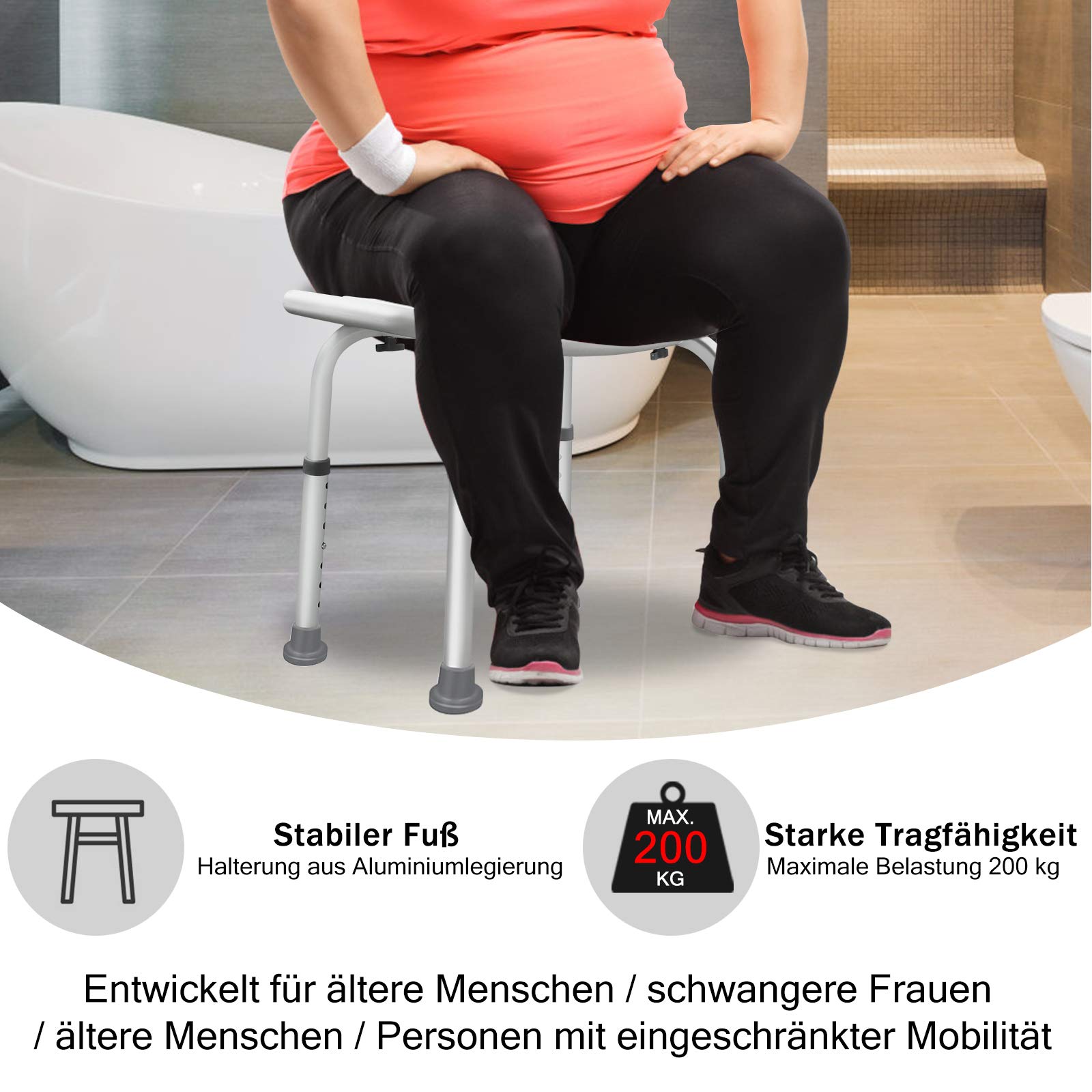 LZQ Duschhocker Duschstuhl Höhenverstellbar 35-51 cm Duschhocker Anti-Rutsch Badsitz Duschhilfe Duschsitz aus Alu und Kunststoff für Alter, Schwangere (Typ-3)