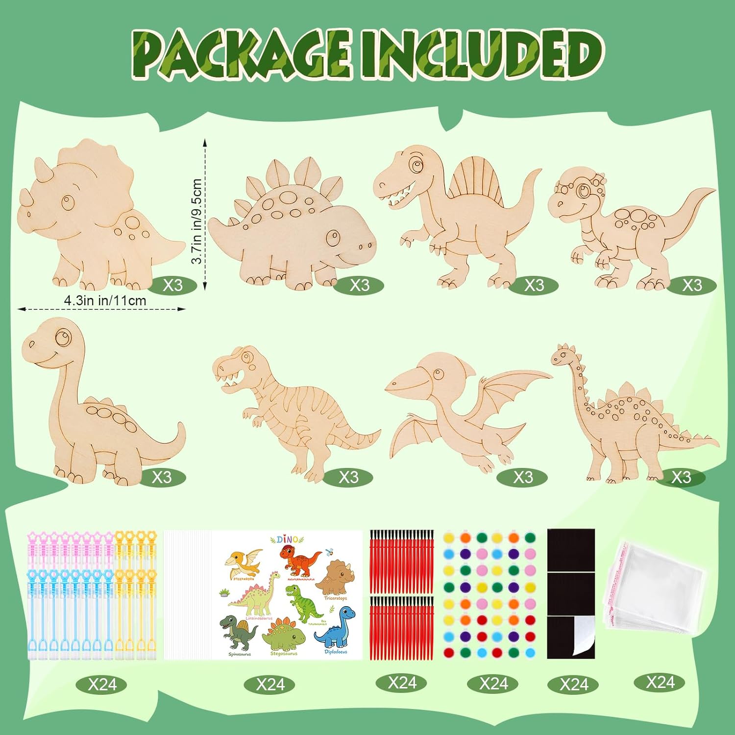 Bafeil 24 Pack Dinosaur Party Favors - Wooden Painting Crafts Kits with Bubble Wands, Birthday Goodie Bag Stuffers, Pinata Fillers, Classroom Prizes & Exchange Gifts - 8 Style DIY Dinos Magnet Arts