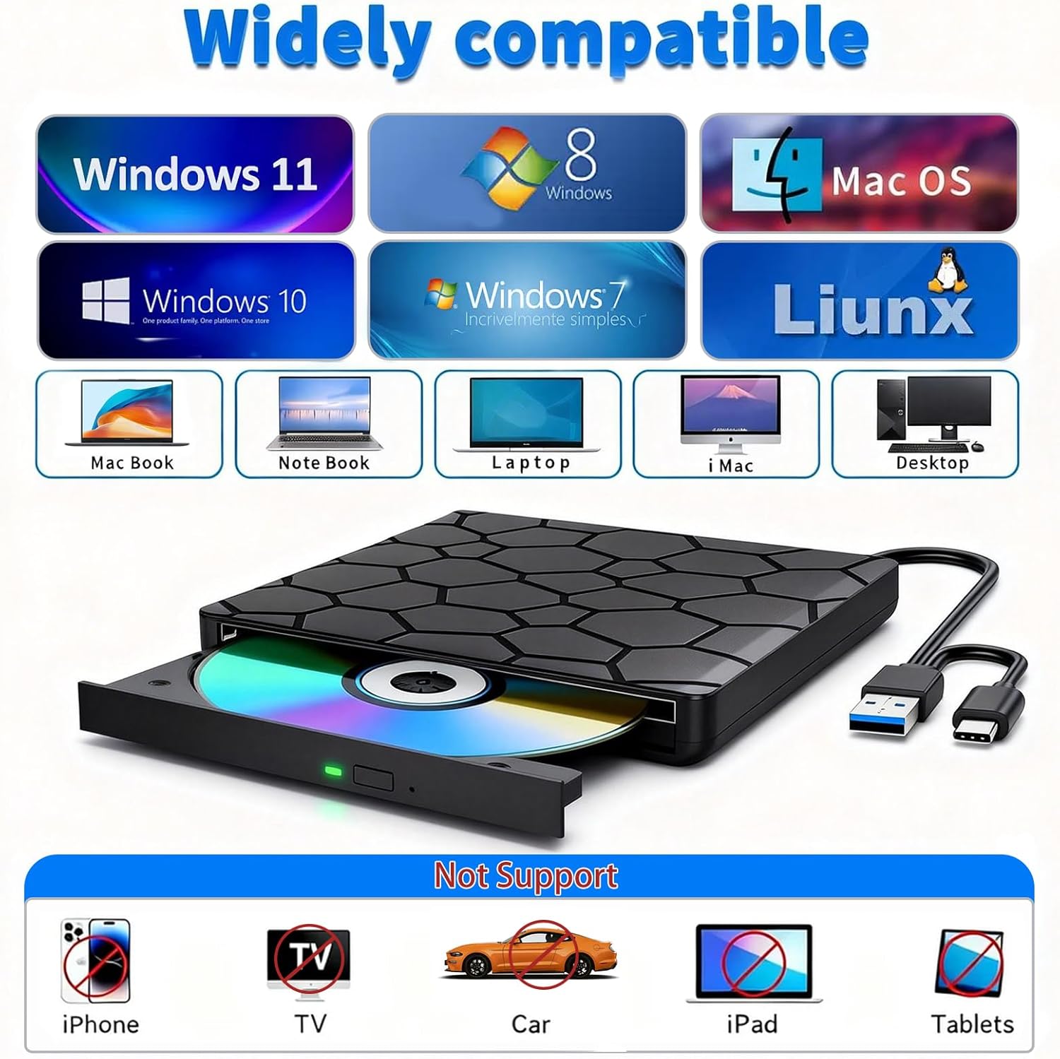 gingo External Blu-ray BD/DVD/CD Drive - USB 3.0 Optical Disc Burner, Reader & Duplicator with 3D Playback, Works Seamlessly with Laptops, Desktops, Windows, Mac & Linux Devices