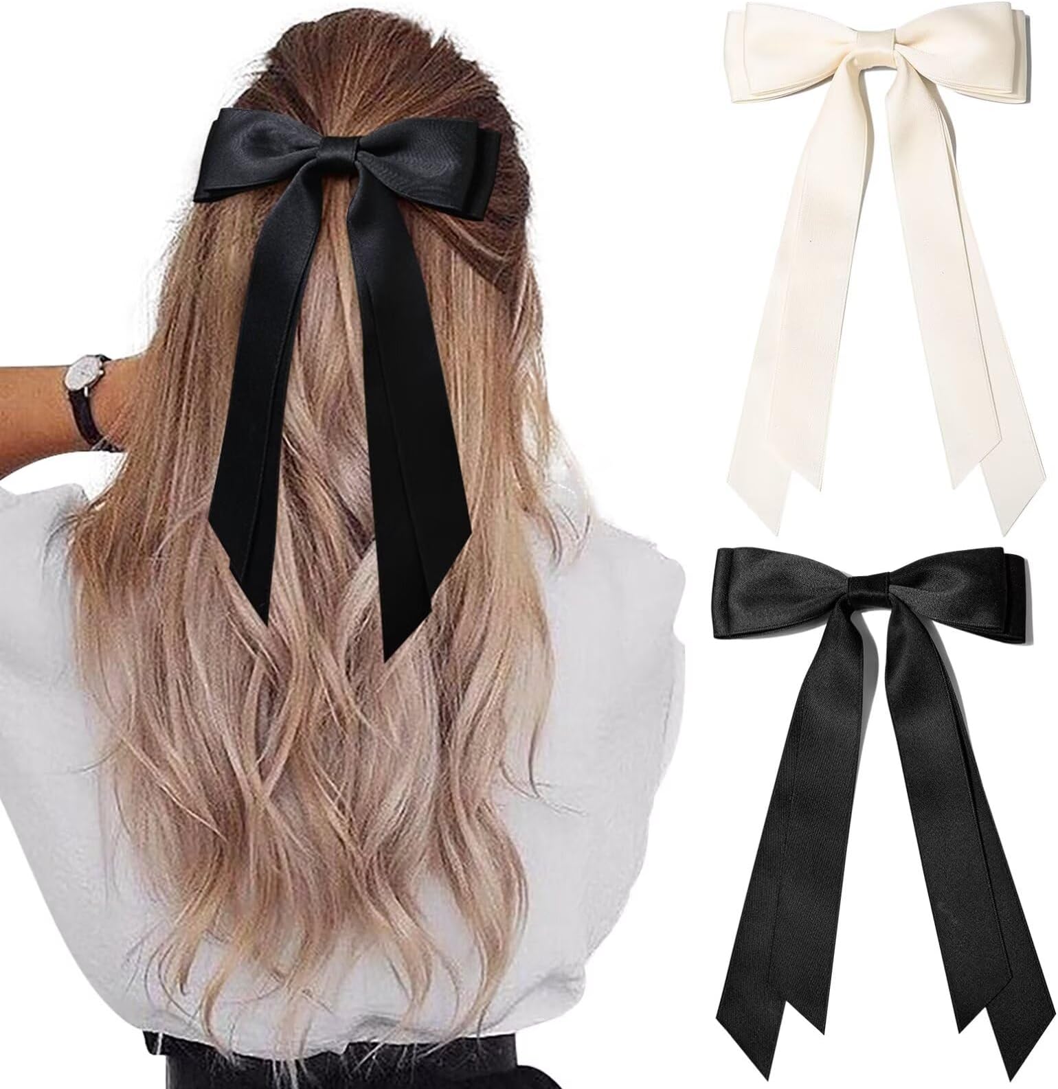 2PCS Hair Bows Hair Clip Beige Black Hair Ribbon Ponytail Holder Accessories Slides Metal Clips Hair Bow for Women Girls Toddlers Teens Kids