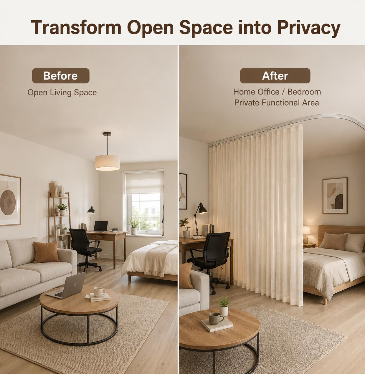 Rideau Séparation Pièce avec Rail Flexible 270cm, Séparateur de Pièce Beige | Séparez Facilement Votre Espace avec Rail Plafond Flexible, Rideau 254x213cm, pour Chambre, Salon, Bureau et Dressing