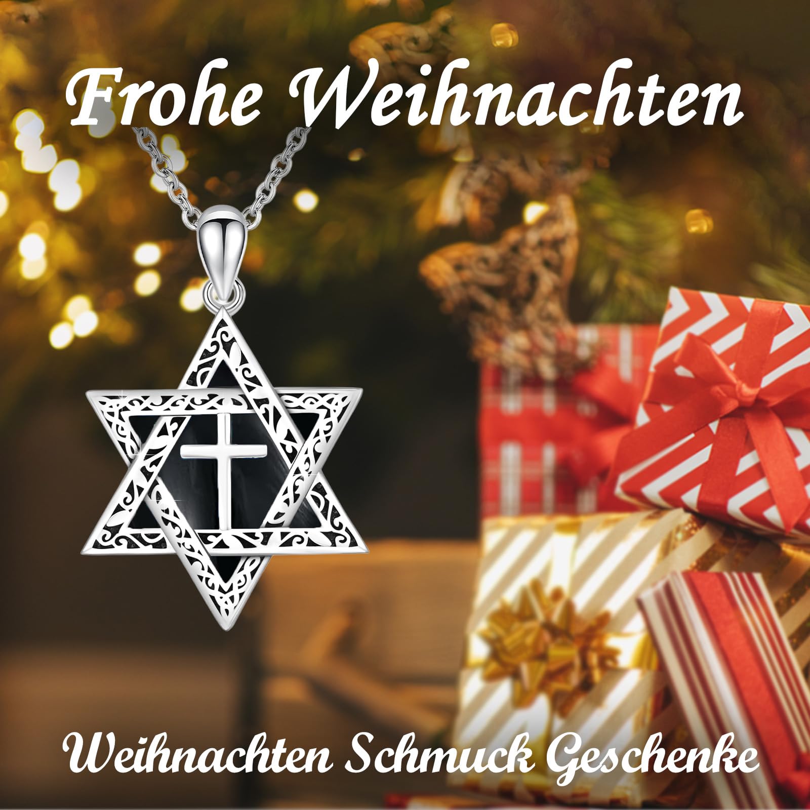 Onice - Collana con stella di David, in argento Sterling 925, a forma di stella di David, con ciondolo a forma di croce e onice, ideale per uomini e donne, misura unica, Argento sterling, Onice