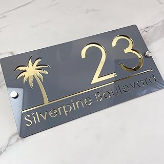 Personalisiertes Adressschild - 3D-Hausnummer aus Acryl, Laserschnitt, modernes Design mit Schwimmeffekt und Lebensbaum, Außenschild für Haus, Hotel und Wohnung (Gray Gold)
