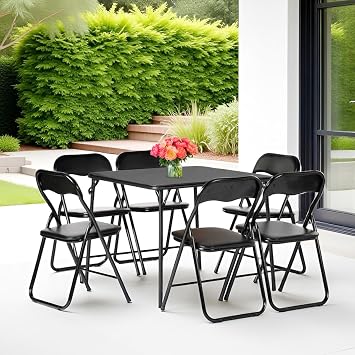 FurnitureR 7-Piece Folding Card Table and Chair Set for 6 No Assembly Required, Space-Saving Square Table with 6 Foldable Chairs for Home, Small Spaces, Patio, or Outdoor Use Black