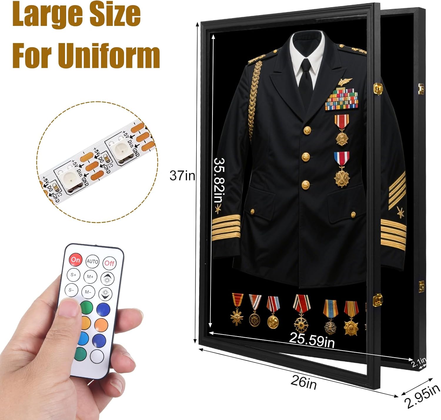 Military Uniform Shadow Box with LED, Police Uniform Display Frame 7 Colors 2 Models with Hanger and Lock for Military Uniforms, Jerseys, Hanging Badges and Medals Flag 35.82"x25.59"x2"