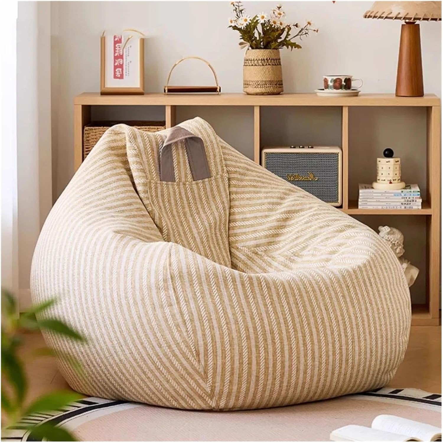 Cotton Linen Bean Bag Cover(Black,D80cm-2.6ft-Cover)