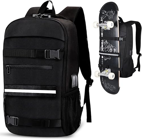 Miniatura 9 de Mochila para patineta, mochila para laptop con puerto de carga USB, bloqueo antirrobo, resistente al agua, se adapta a portátiles de hasta 15.6 a 17