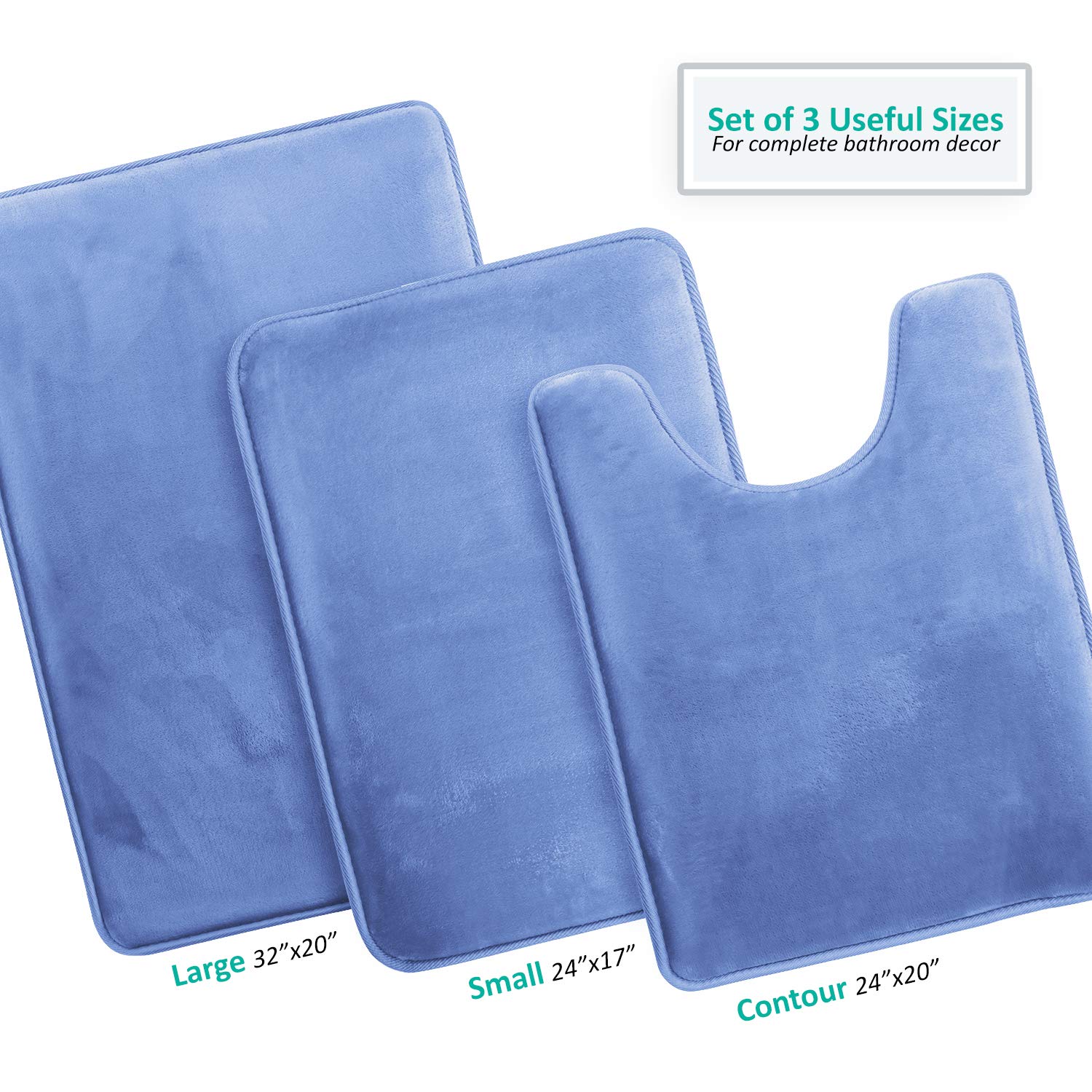 Clara Clark Lot de 3 Tapis de Bain en Mousse à mémoire de Forme Ultra Doux, antidérapants et absorbants – Petit/Grand/Grand/Contour, Bleu Calme