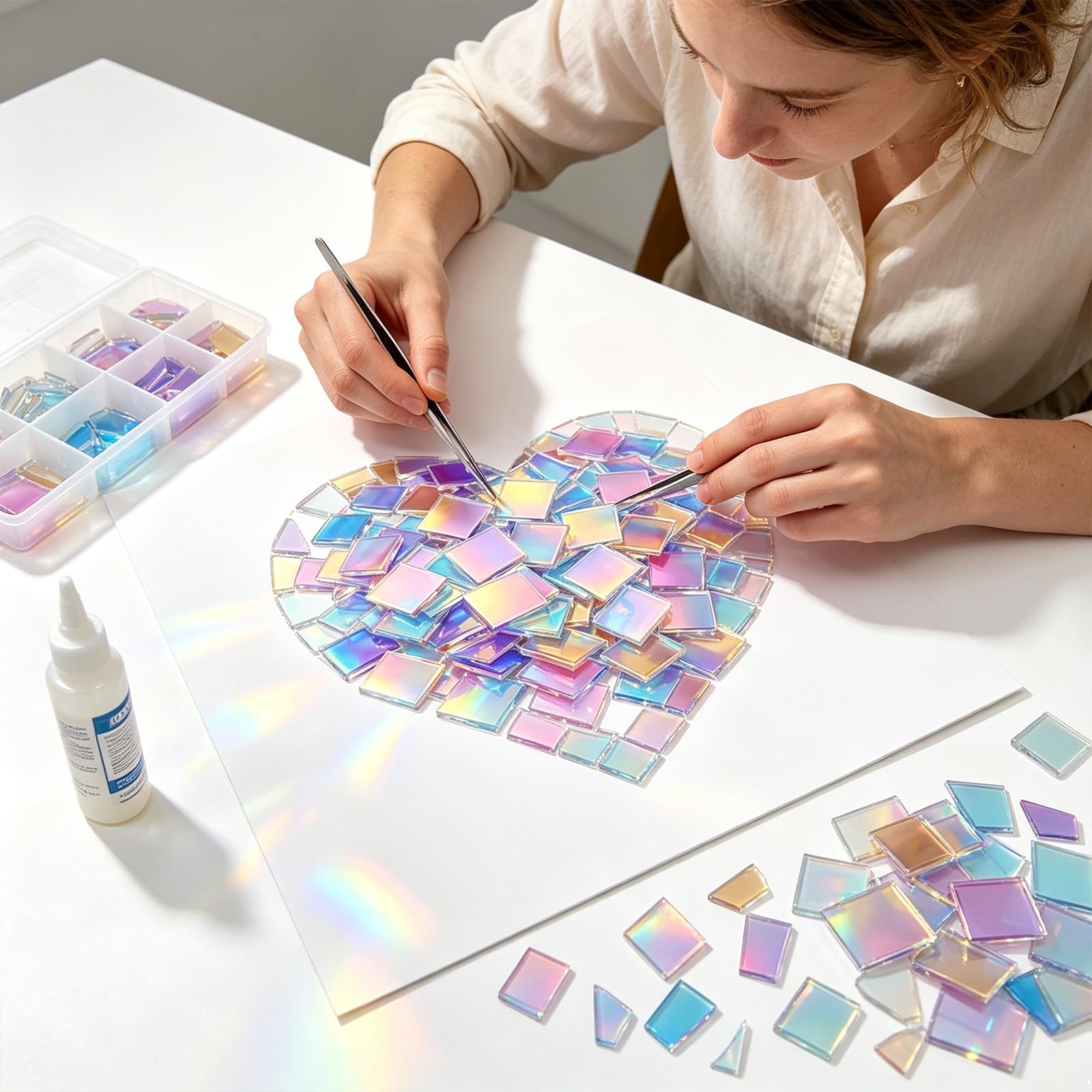 100PCS Rainbow Holographic Acryl Mosaiksteine Zum Basteln,2*2CM Irisierende Acrylquadrate, Quadratische Schillerndes Holografische Mosaikfliesen für Teller Bilderrahmen,Blumentöpfe und Dekoration