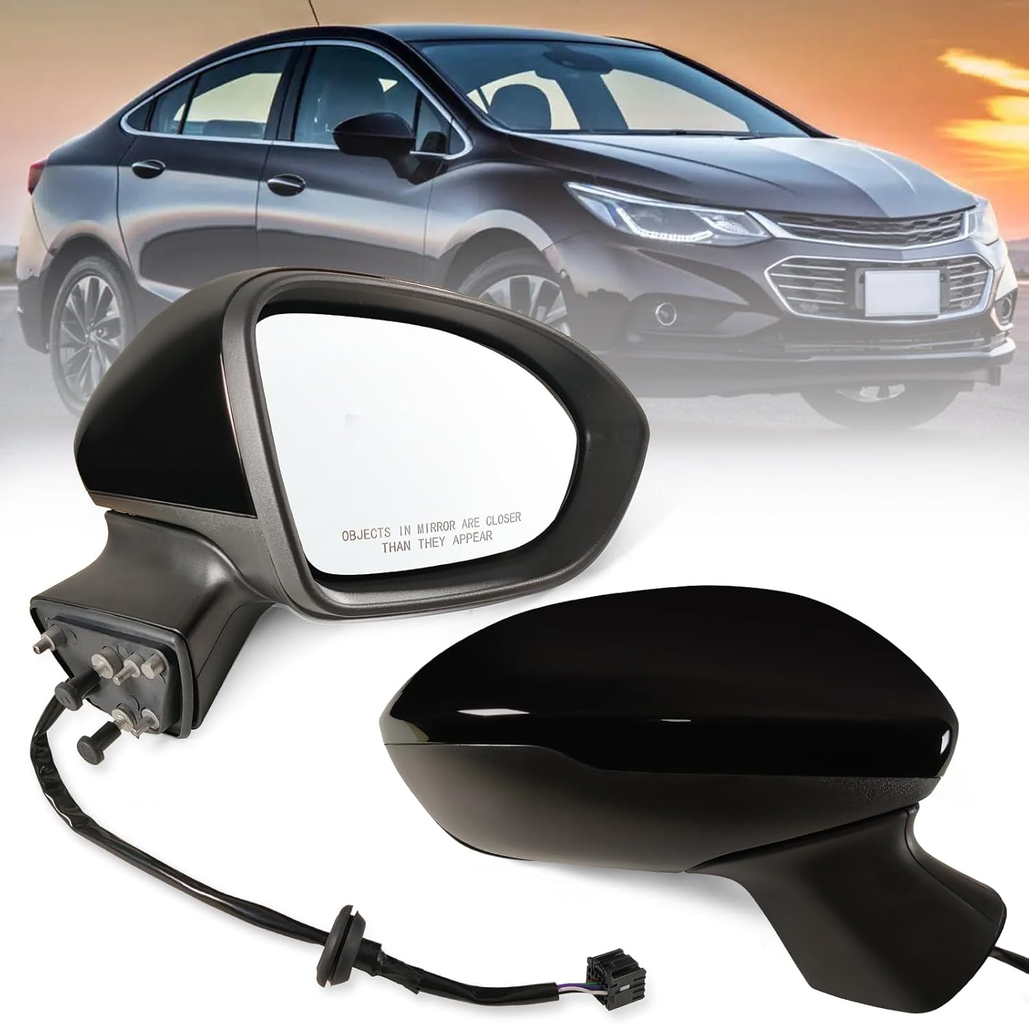 Right Passenger side Mirror Fits 2016-2019 Chevy Cruze Sedan/Hatchback with Power Glass Without Heated without Blind Spot, Match Mosaic Black Metallic Replace GM1321541(3Pins)