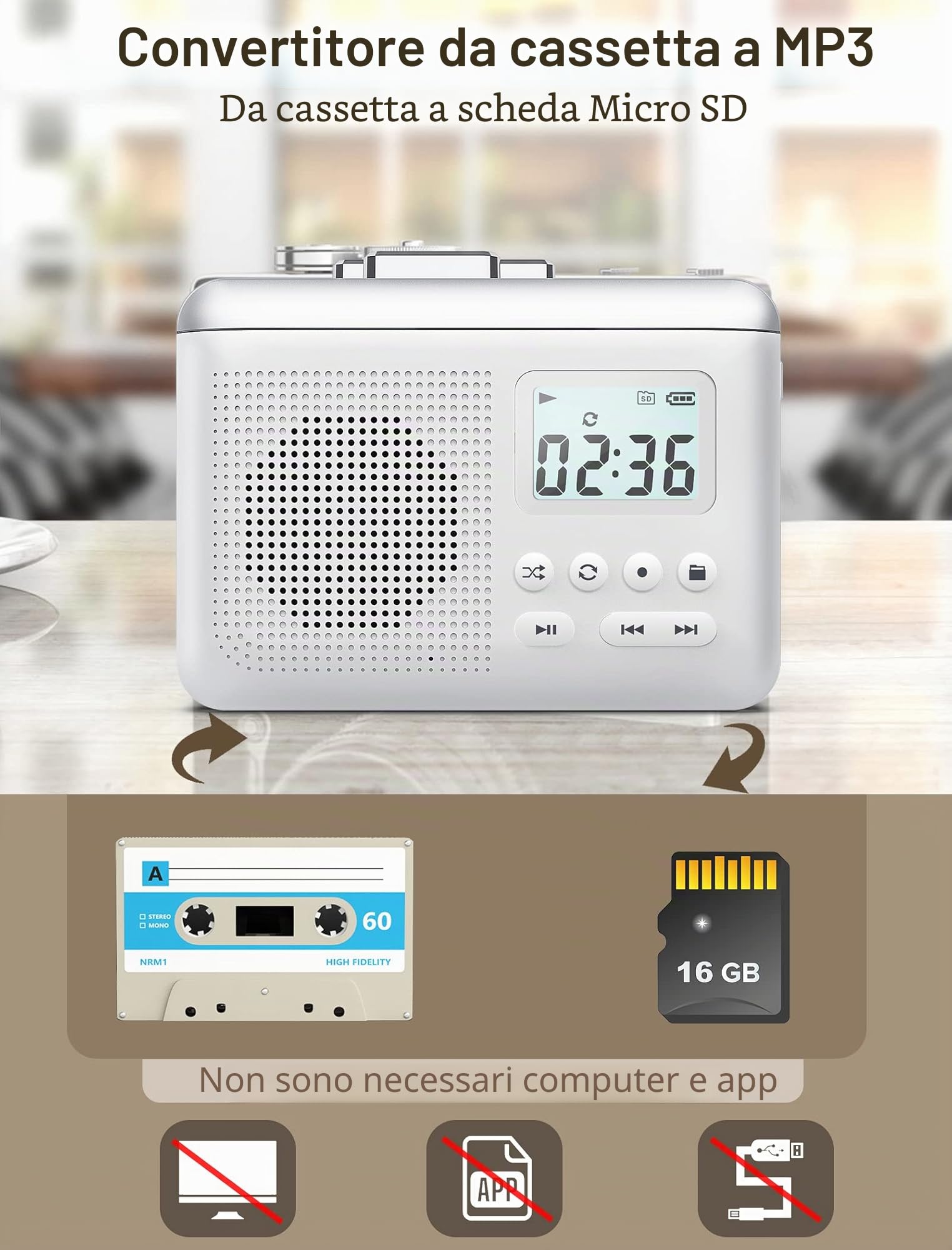 Gracioso Convertitore registratore portatile per cassette a MP3 con scheda SD, batteria ricaricabile 1000mAh, microfono e altoparlante integrati