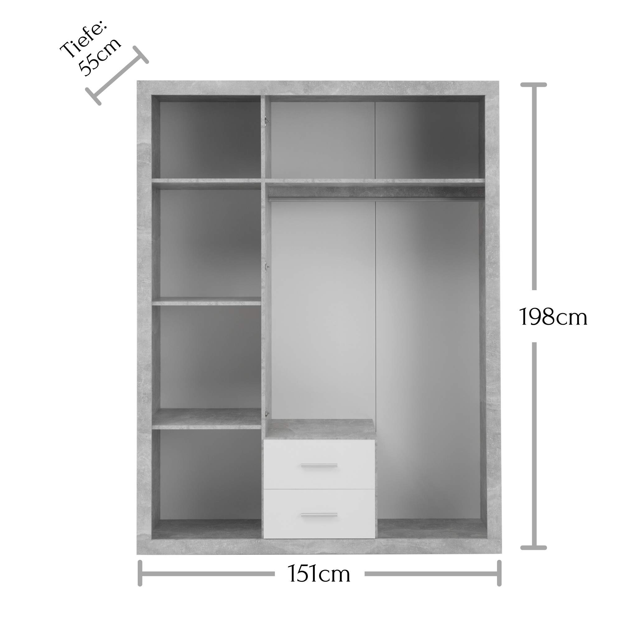 STONE Kleiderschrank Schrank Drehtürenschrank Beton-Optik Weiß mit Spiegel | 151 x 198 x 55 cm (B/H/T), Schlafzimmer, 3 Türen, Kleiderstange, inklusive Einlegeböden, viel Stauraum