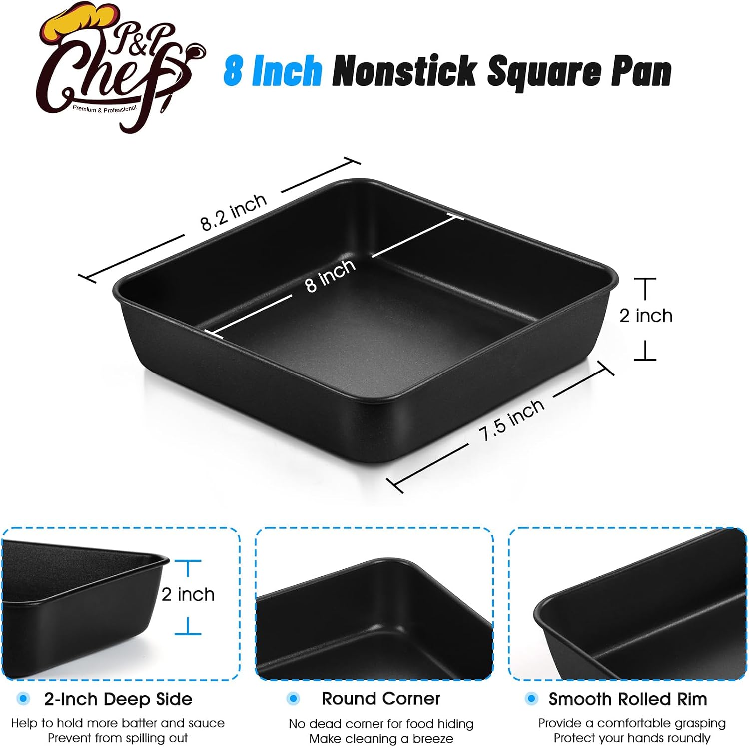 P&P CHEF 8 Inch Square Cake Pan, Nonstick Square Baking Pan for Cake Brownie Lasagna, Stainless Steel Core for Sturdy Structure, Non-toxic & Oven Safe, Black, 2Pcs