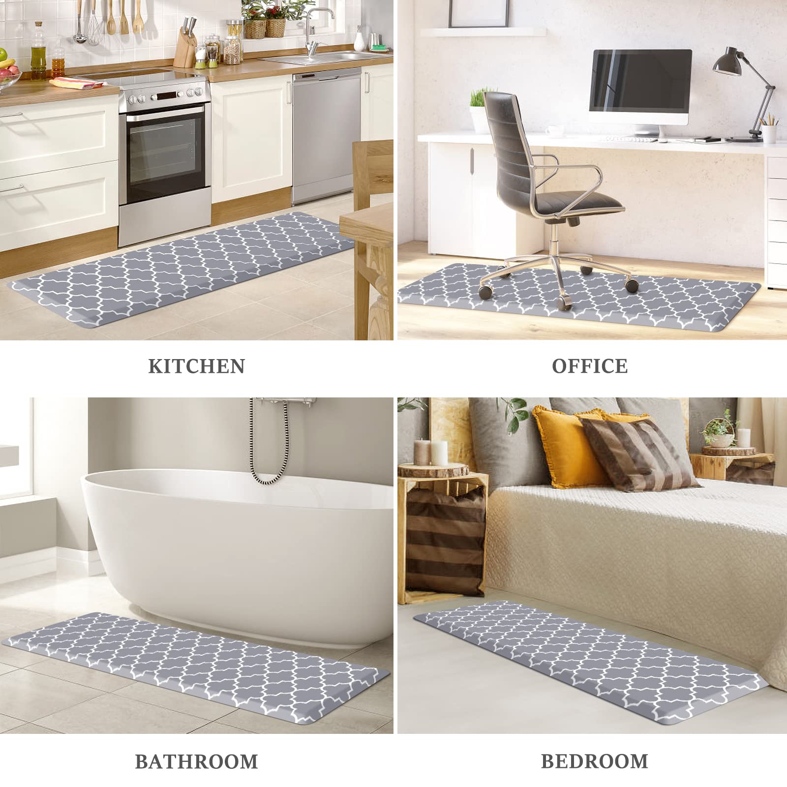 WISELIFE Alfombras de cocina antifatiga, antideslizantes, impermeables, ergonómicas, cómodas para cocina, hogar, oficina, fregadero, lavandería (17.3 x 60 pulgadas, gris)
