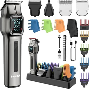 SweetLF Beard Trimmer for Men 12-in-1 Professional Mens Grooming kits -180Min Runtime Cordless Hair Clippers - IPX7 Waterproof Electric Razor with Dual Speed & LED Display&Travel Lock, USB-C Charging