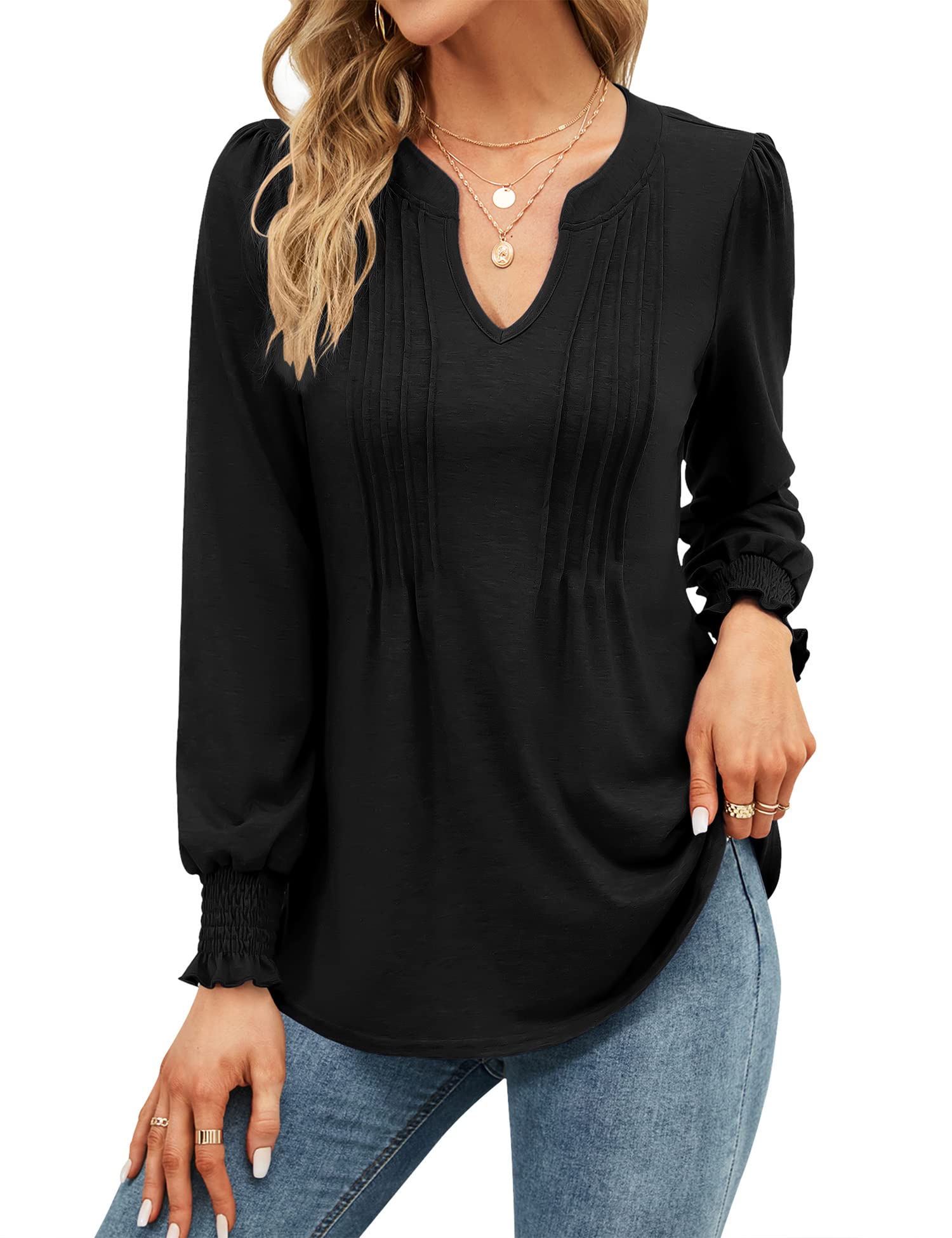 Womens V Neck Tops Puff Short Sleeve T-Shirt Pleated Floral Printed Tunic Blouse Shirts — view 42