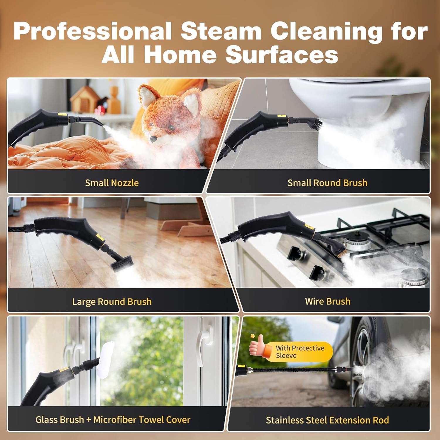 Handheld Steam Cleaner for Home, 6-Level Adjustable, 15s Heat-Up, One Touch Flush Mode, 3.5 Bar High Pressure, Auto Shut-Off, 1500W Portable Steamer for Carpets Floor Car Furniture Couch Tile - Image 5