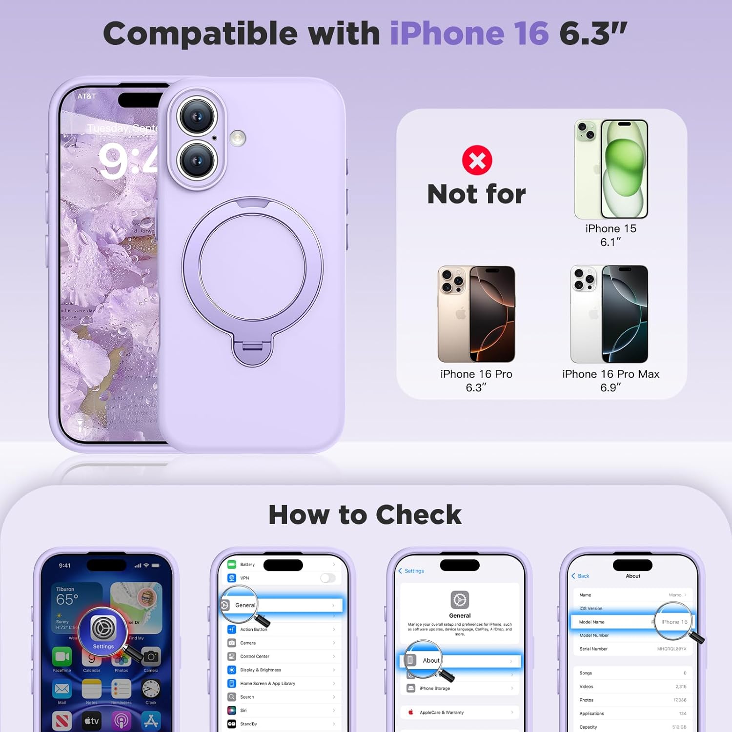 HuwaiH Case for iPhone 16, [360° Rotating Magnetic Ring Stand] with Strong Holder, Military-Grade Shockproof Silicone Phone Case, Full Protection Hands-Free Video Calls Car Mount, Purple