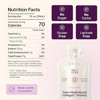 ProT Gold Liquid Collagen Protein Shot, 17g, Nano Hydrolyzed & Grass Fed, 2g Arginine for Wound Support, Gluten Free, Fat and Sugar Free, 0g Carbs, Non GMO, Berry, 24 fl oz, 24 Pack