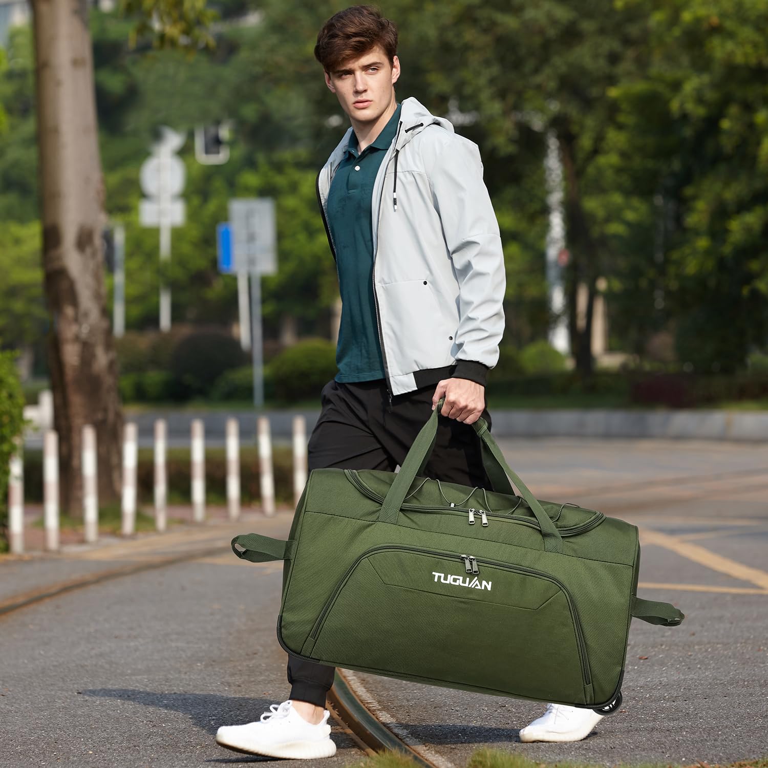 TUGUAN Borsone con Ruote da Viaggio 110 Litri Valigia Morbida Borsa da Viaggio Pieghevole con Ruote 71 cm per Sport Campeggio Bagaglio a Mano Duffel Bag, Verde