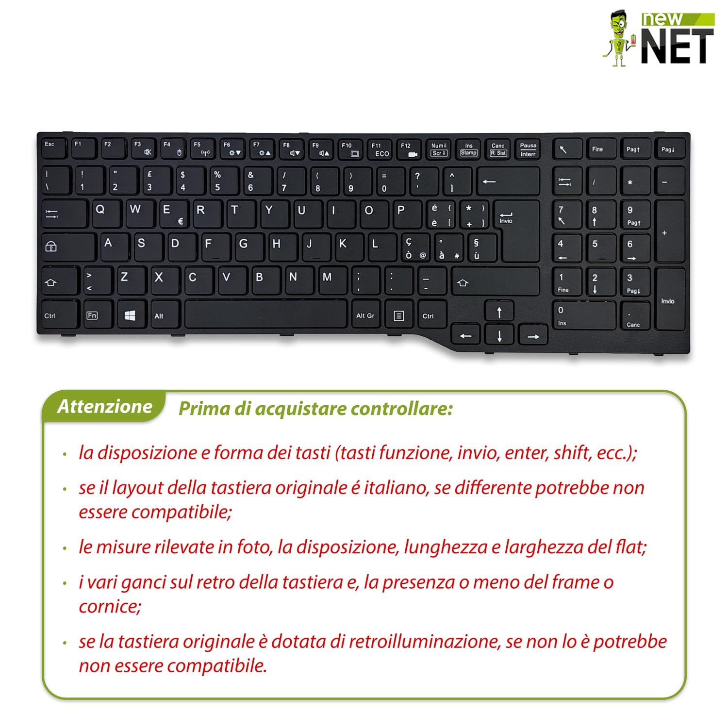 new net - Tastiera Compatibile con Notebook Fujitsu CP648390-01, CP648390-03, CP648390-05, MP-13K6003930 Rev:A, CNYACP648390-0151A00901 [Frame Nero - Layout ITA]