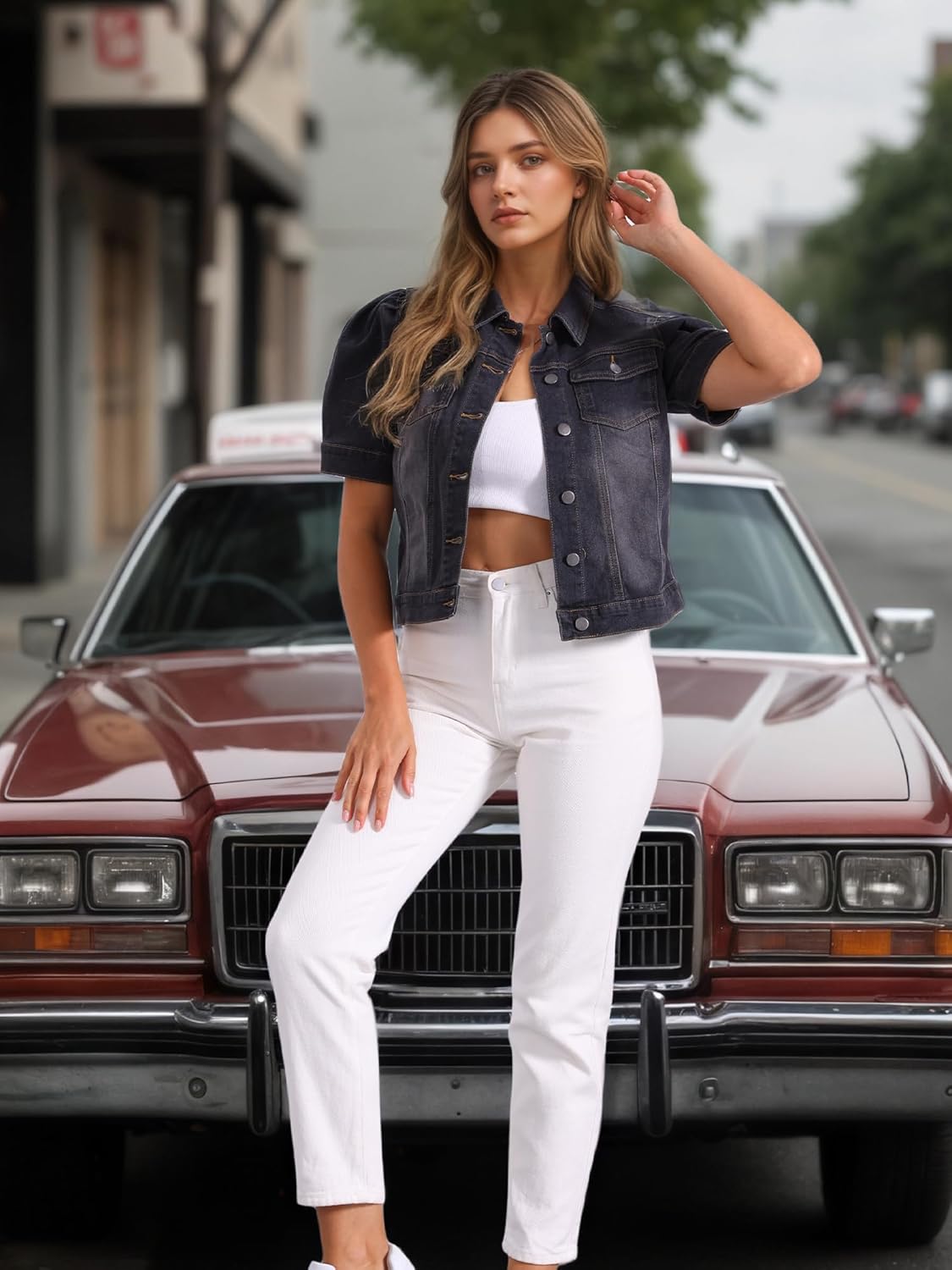 Allegra K Casual Jean Jacket for Women's Short Puff Sleeves Button-Down Denim Jacket - Image 2