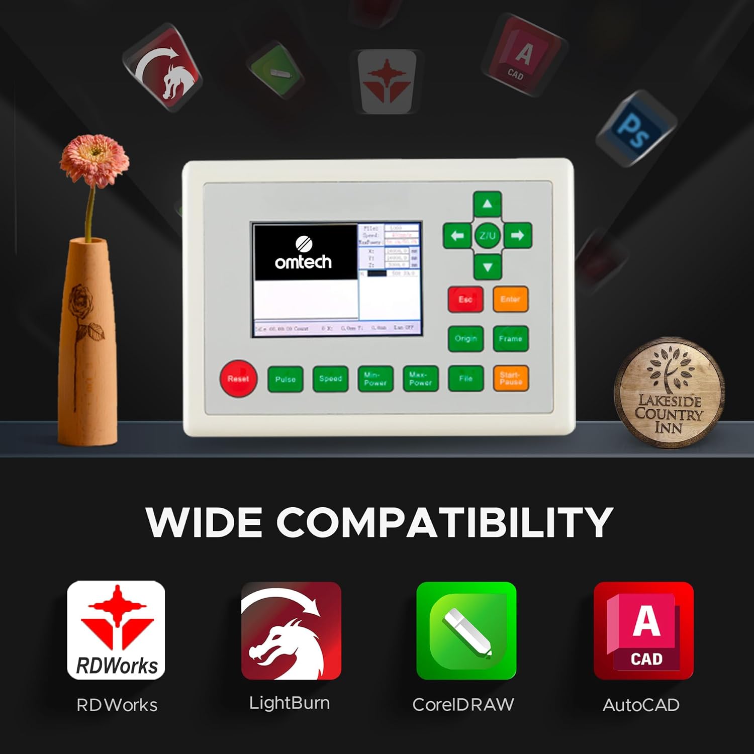 OMTech laser engraver control panel displaying wide software compatibility with RDWorks, LightBurn, CorelDRAW, and AutoCAD.