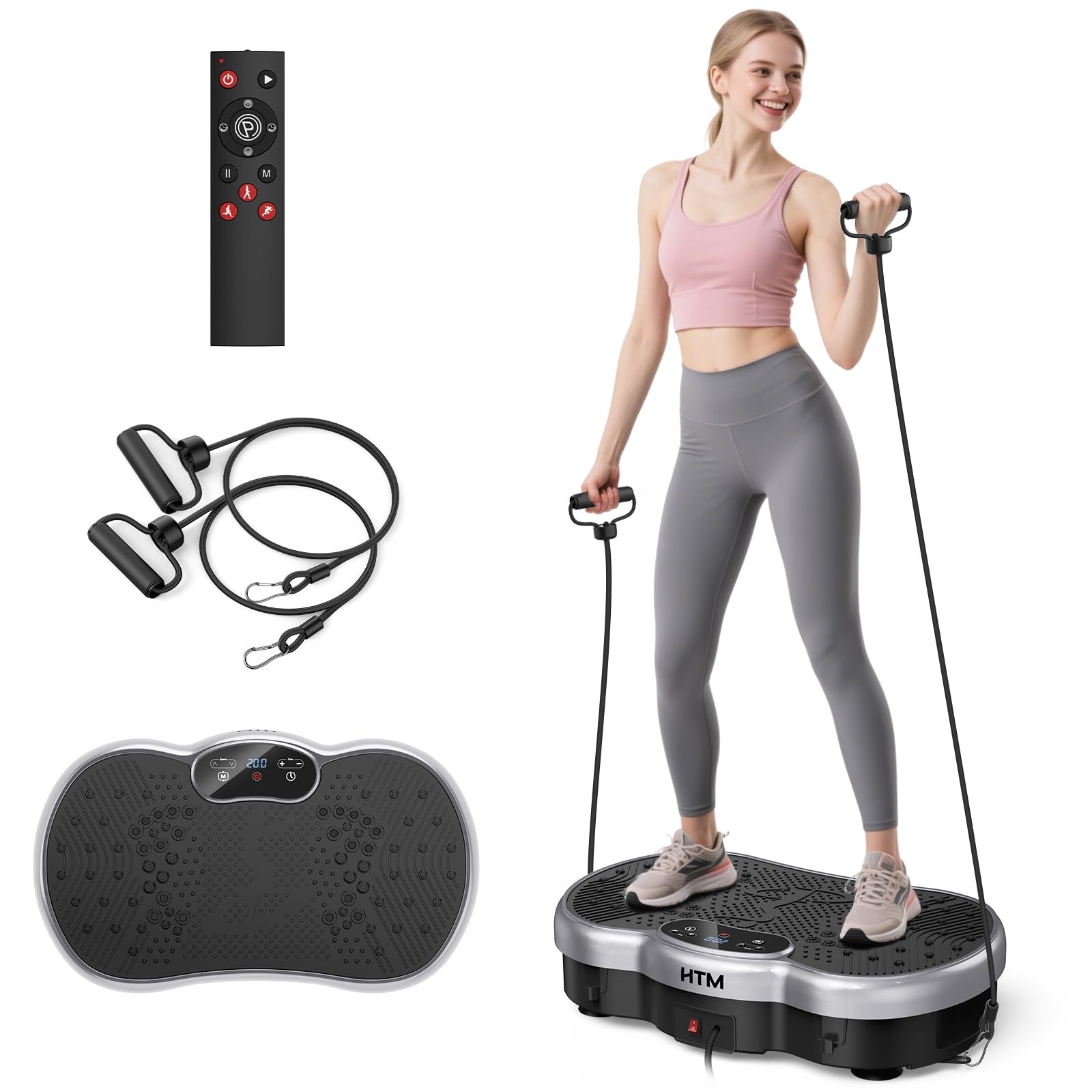 HTM Vibration Plate Exercise Machine, 9 Modes &amp; 120 Speeds, Body Shake Plate with Resistance Bands Slot &amp; Remote Control, Shake Board for Weight Loss Fat Burner Home Fitness Workout