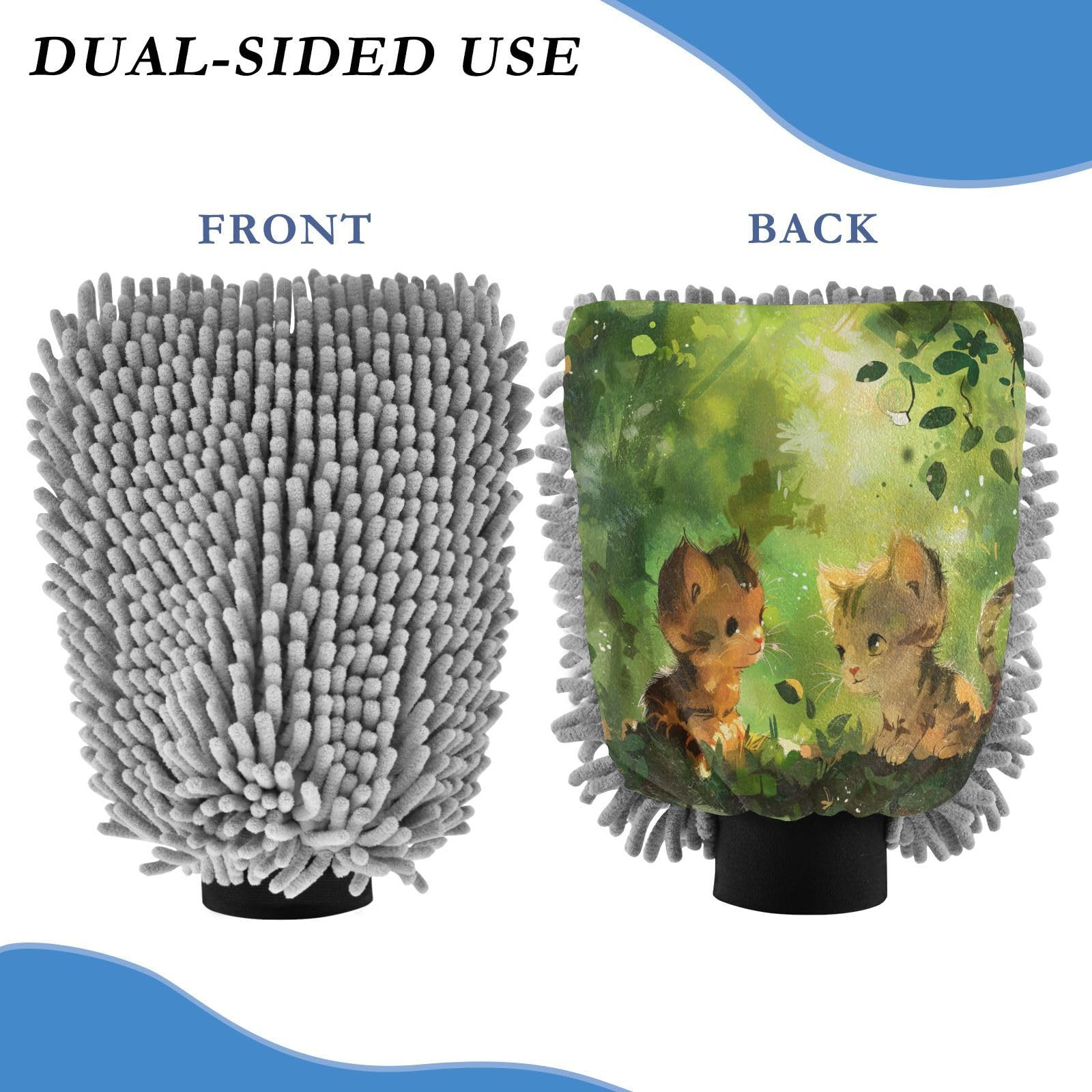 ALAZA Cat Kitten Forest Car Wash Mitt Scratch Free, 2 Pack Absorbent Microfiber/Chenille Washing & Drying Mitts, L