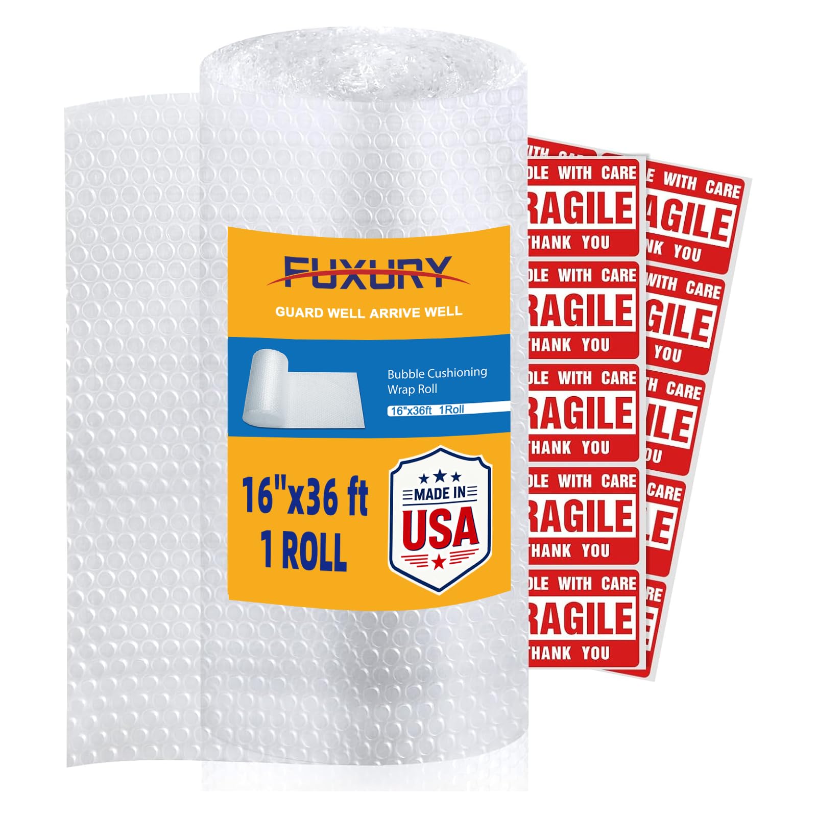 Fuxury Bubble Cushioning Wrap 1 Pack 16 inch x 36 ft. Bubble Cushioning Wrap for Packing and Moving Boxes Shipping Cushioning Supplies Perforated Every 12”